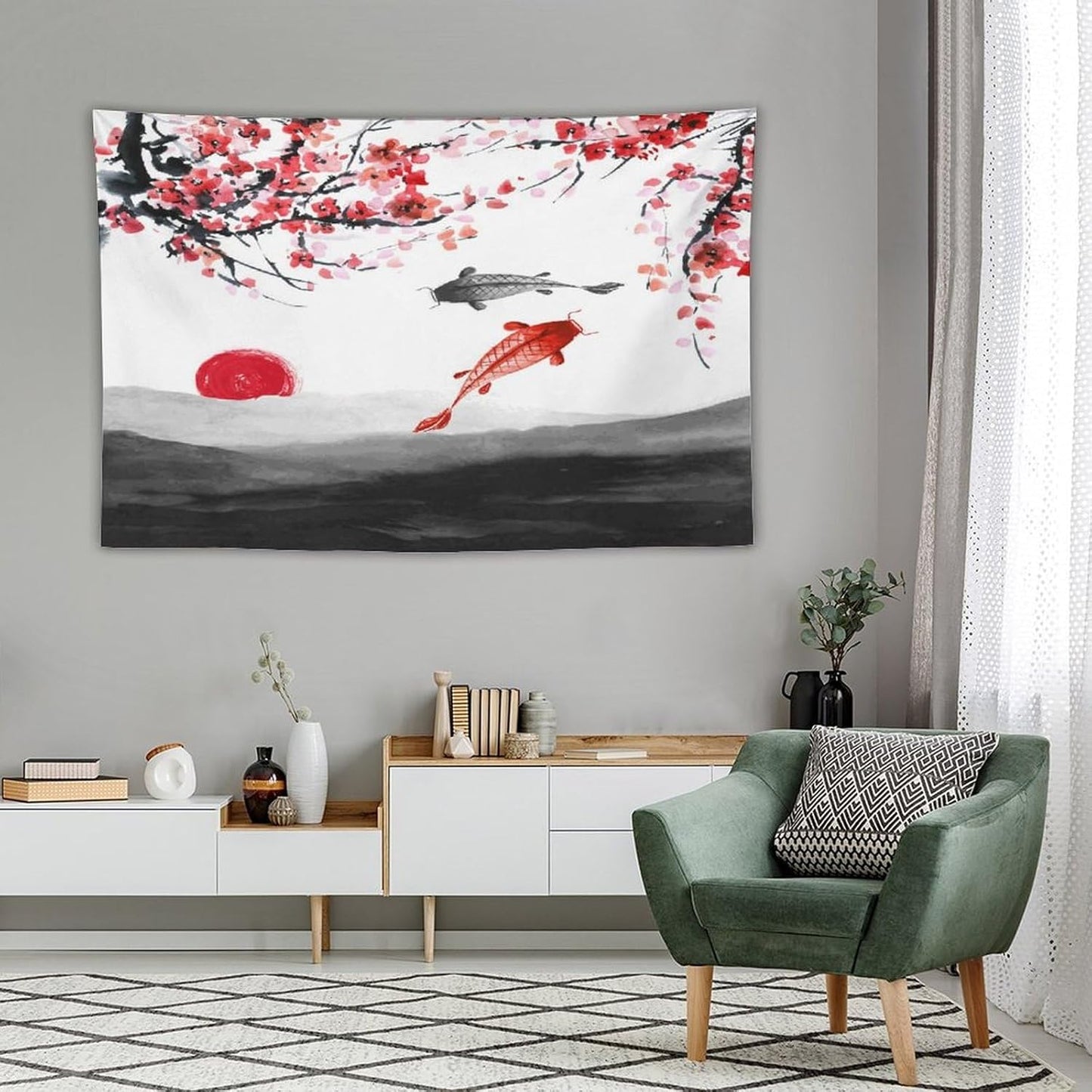 Houselerax Japanese Koi Fish Tapestries, Cherry Blossoms Asian Oriental Flower Branch Koi Fish Carp Tapestry Wall Hanging for Bedroom Living Room Office Decor 90"x60"
