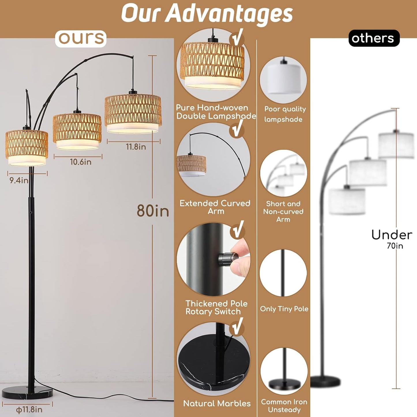 Rattan Floor Lamp for Living Room, 80 Inch Tall Boho Floor Lamp with Rotary Switch, 3 Lights Arc Lamp with Wicker Shade for Coastal,Bohemian,Tree Farmhouse Standing Lamp