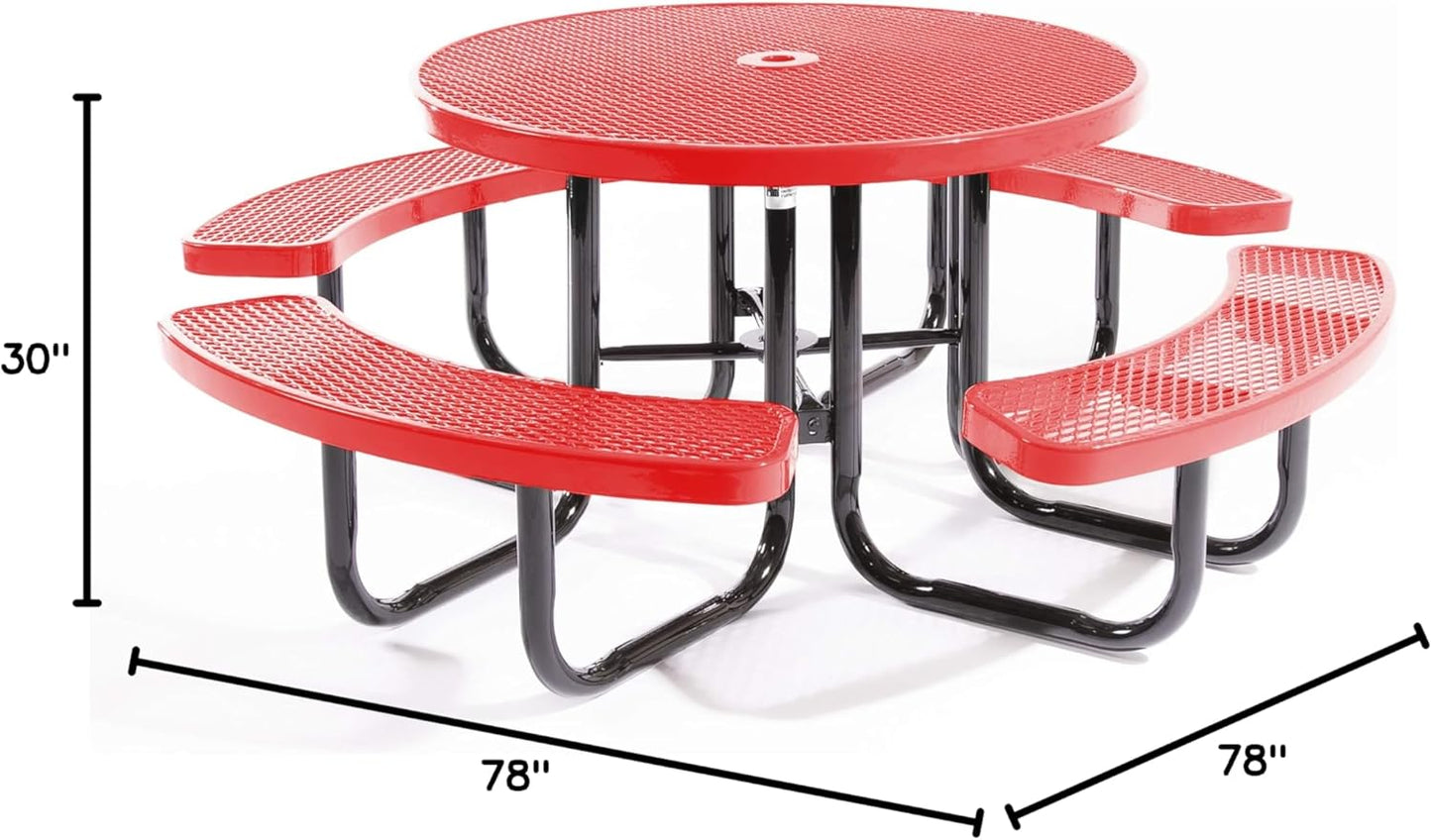 Coated Outdoor Furniture Heavy-Duty Portable Outdoor Picnic Table with Umbrella Hole, Expanded Metal Commercial-Grade Patio Dining Furniture Made in America (46" Round Top, Red)