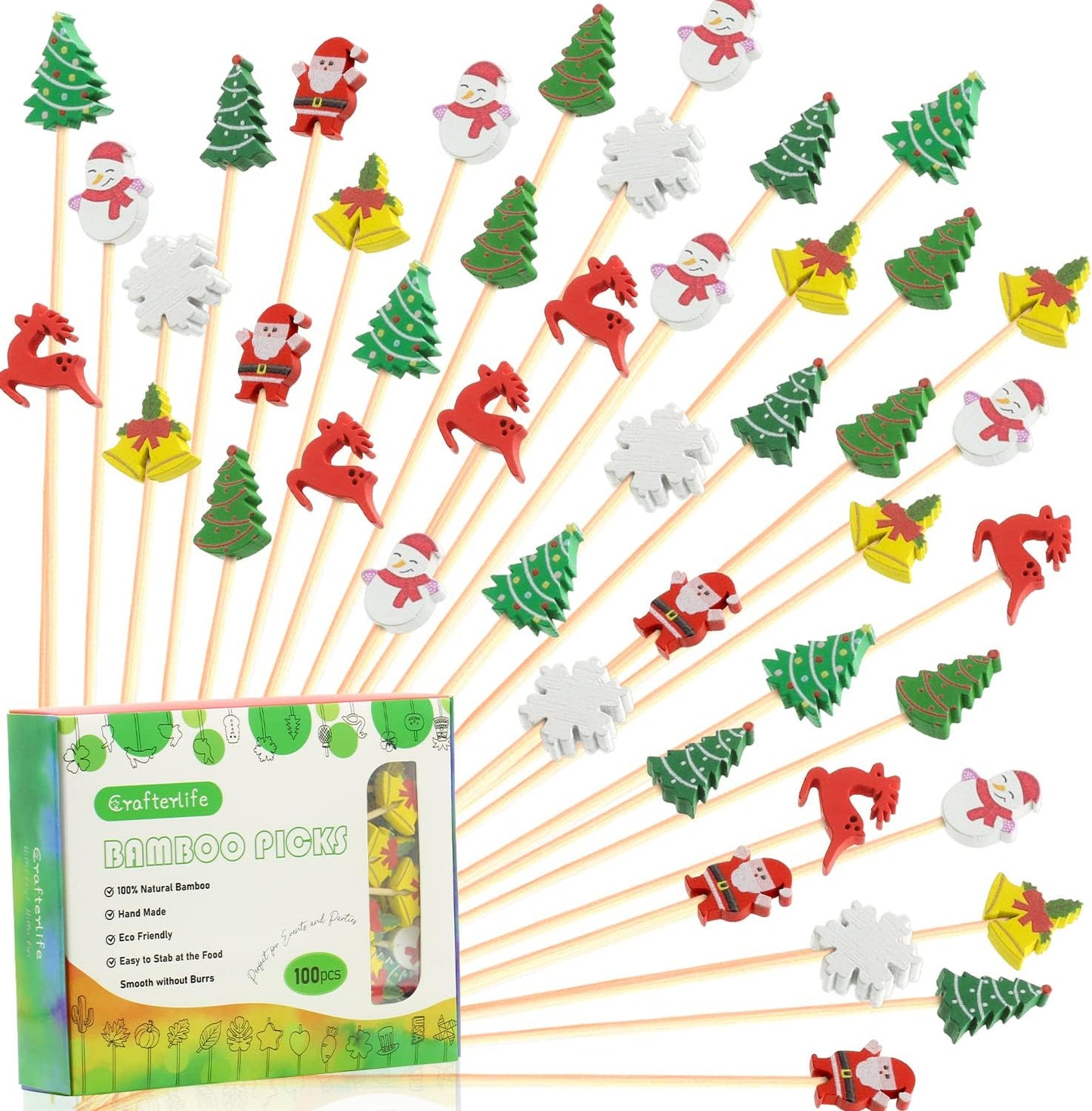 Christmas Cocktail Picks Toothpicks Fruit Dessert Sticks Food Sandwich Appetizer Charcuterie Skewers for Xmas Tree Snowman Elk Snowflake Christmas Decorations Themed Party Supplies, 5", 100 Count