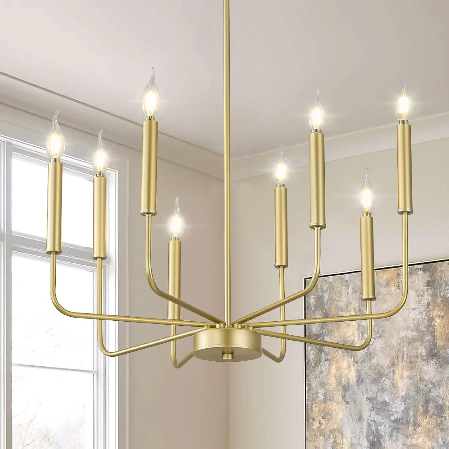 Modern Gold Farmhouse Chandeliers, 8-Light Industrial Metal Chandelier Lighting, Classic Candle Hanging Pendant Light Fixtures for Kitchen Bedroom, Dining Room, Living Room,Foyer