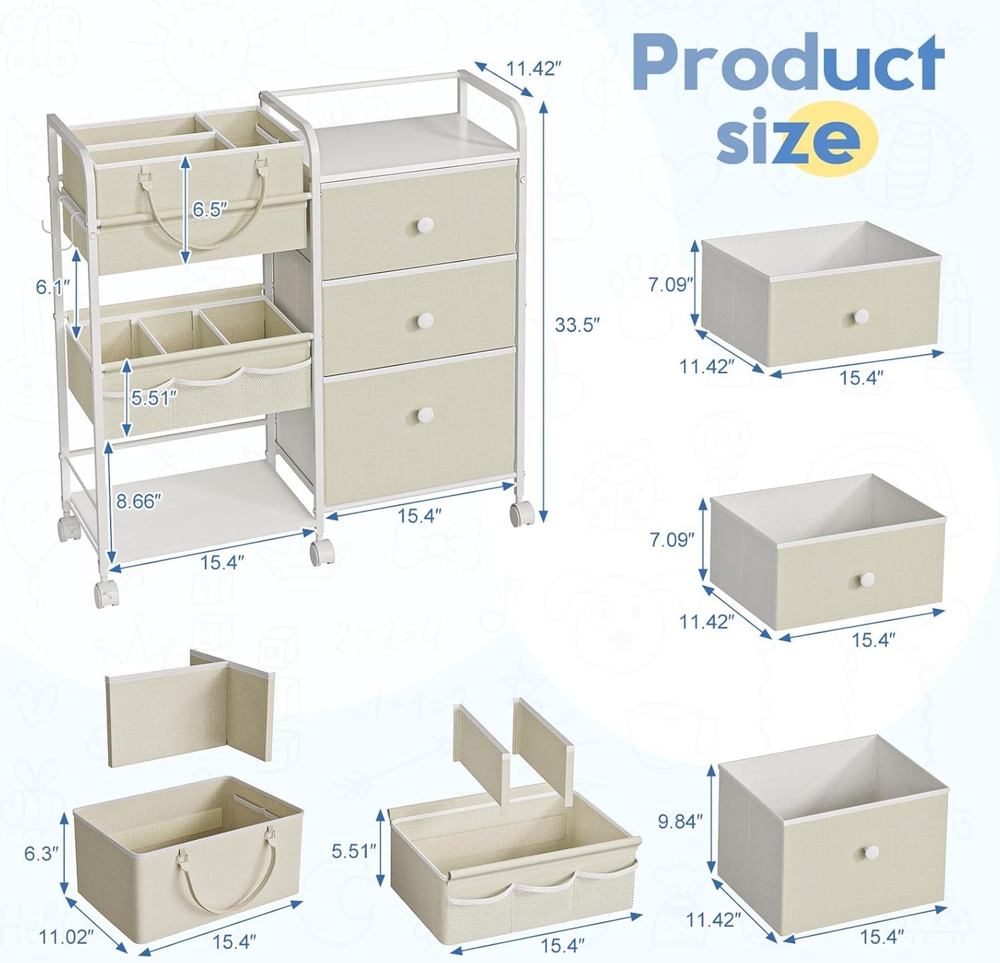 2In1 Baby Diaper Caddy Organizers and Storage, 3 Tier Rolling Cart with Dividers and Drawers, Mobile Utility Cart Baby Dresser Clothes Organizer for Changing Table, Crib Nursery, Bedroom