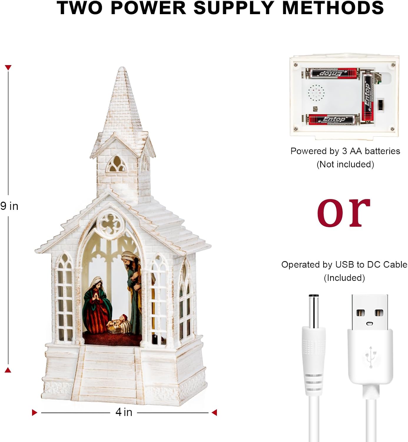 Christmas Snow Globe Lantern Musical Holy Family Lighted Water Church, USB Lined/Battery Operated Lighted Lantern for Christmas Festival Decoration Gifts