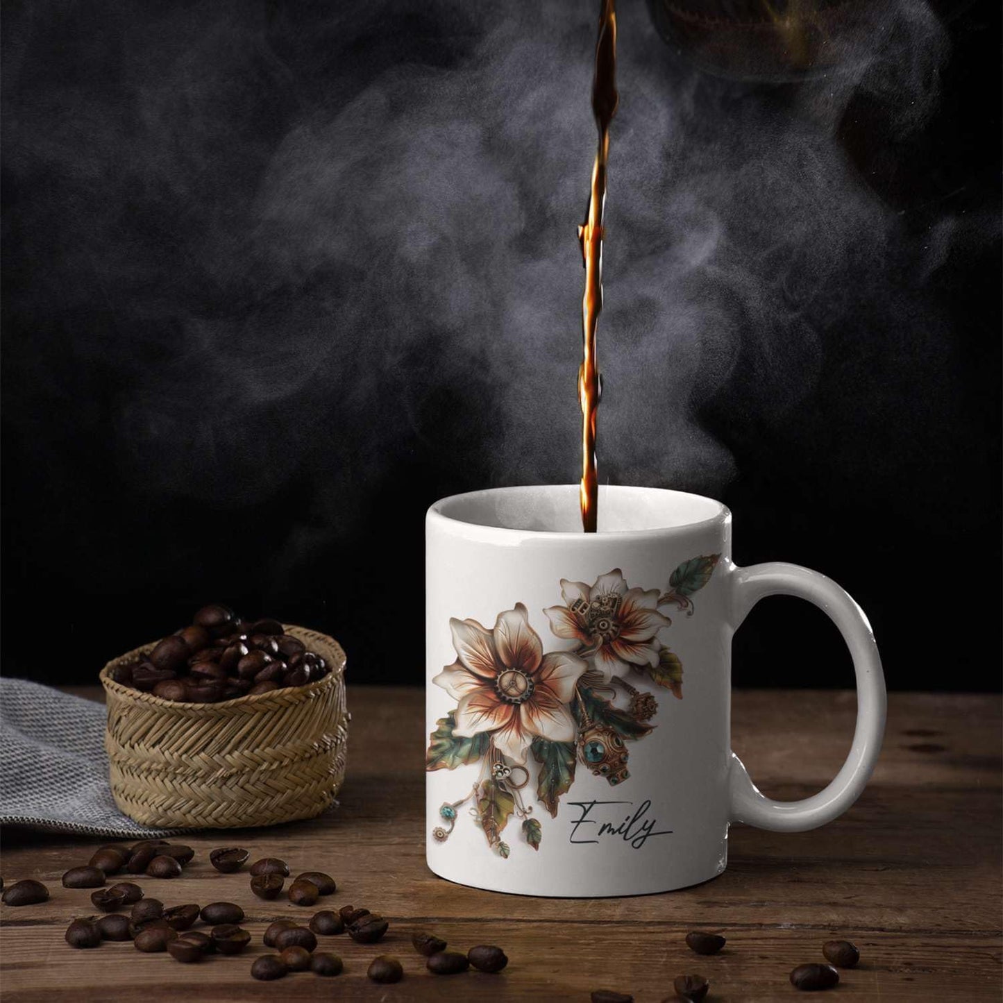 Customized Name Coffee Cup, Custom Steampunk Floral Design Cup, Personalized Flower Lover Ceramic Cup 11oz, White Mug Gift For Floral Enthusiasts, Steampunk Flower Cup For Birthday