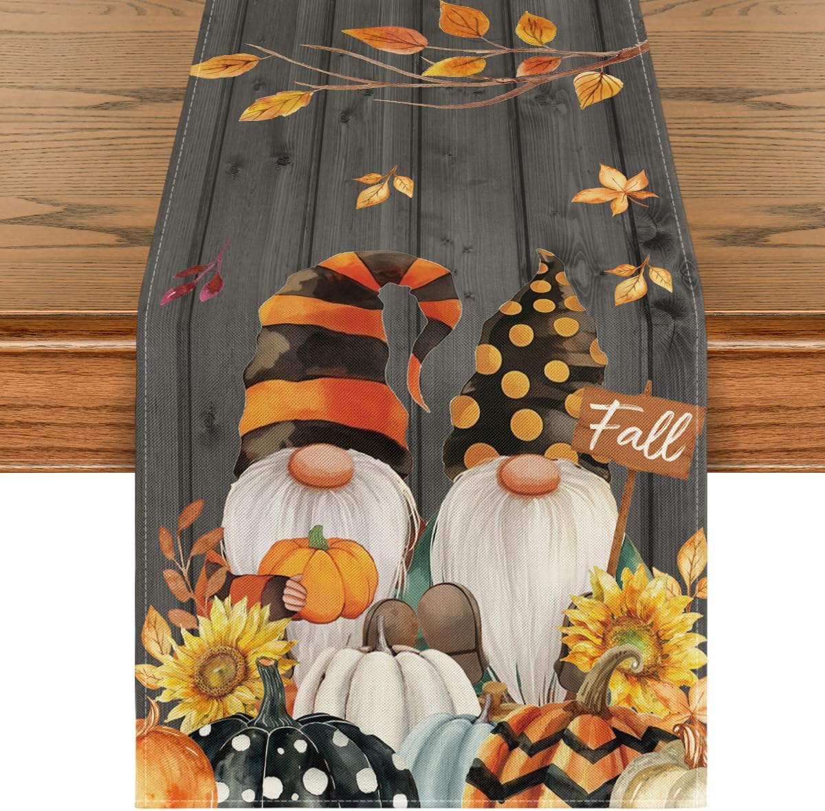 Artoid Mode Fall Gnomes Pumpkins Sunflower Maple Leaves Thanksgiving Table Runner, Seasonal Harvest Vintage Kitchen Dining Table Decoration for Indoor Outdoor Home Party Decor 13 x 90 Inch