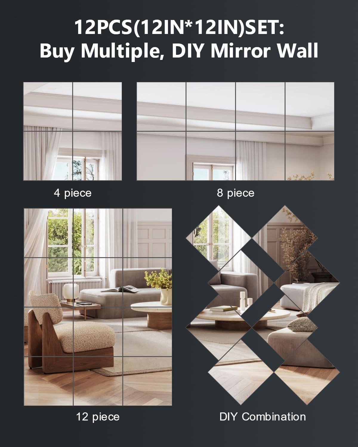 Home Gym Mirrors 12 Inch x 12Pcs Full Length Mirror Tiles Acrylic Unbreakable Wall Mounted Mirror Frameless Full Length for Home Gym, Bedroom, Door