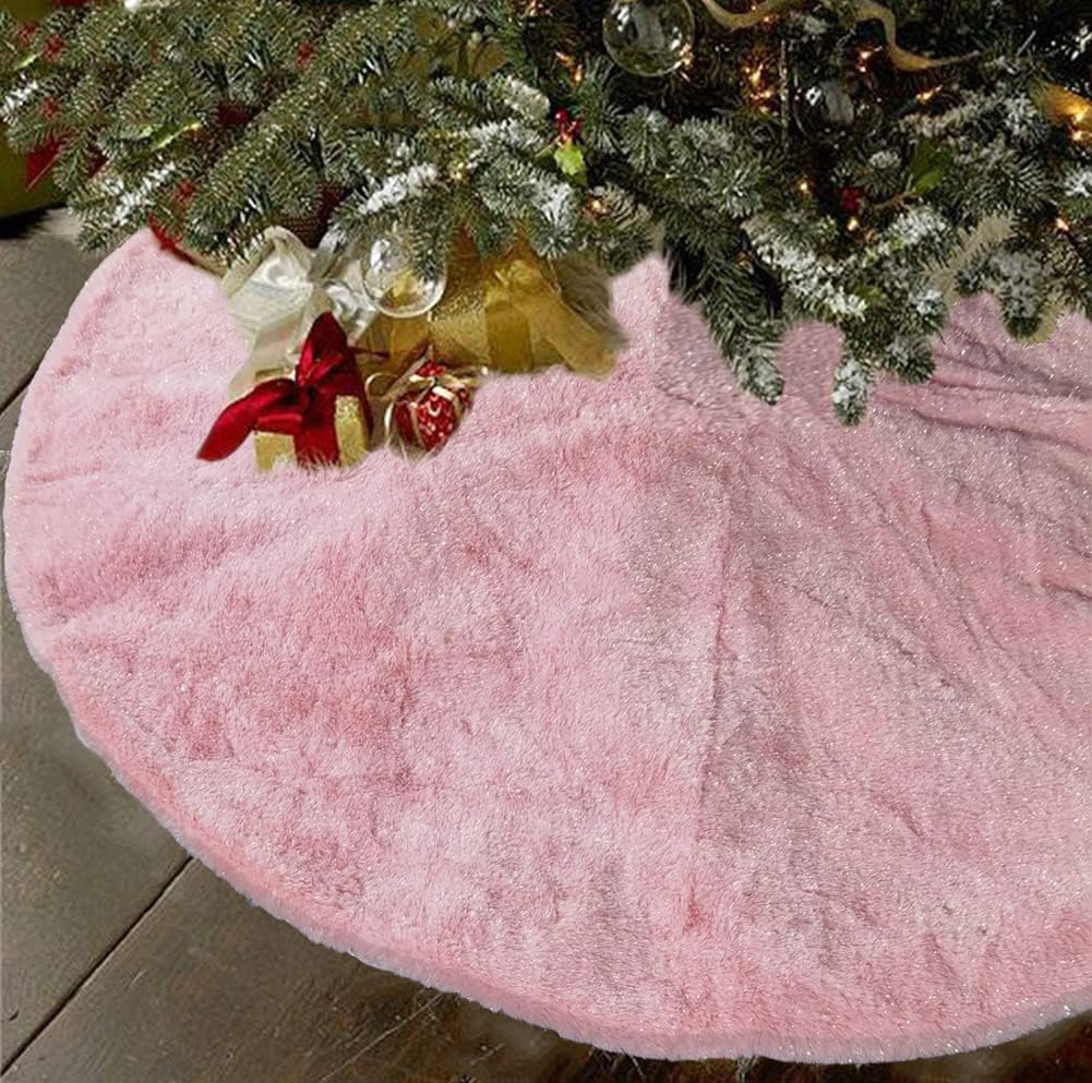 AISENO 36 Inch Christmas Tree Skirt Faux Fur Pink Bright Silk Shiny Decoration for Christmas Tree Plush Merry Christmas Decorations Decor