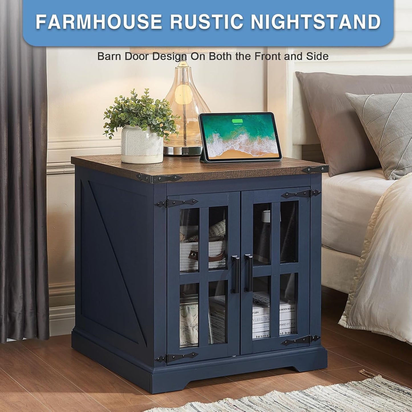 Farmhouse End Table with Charging Station,24" Large Side Table with Glass Barn Door, Rustic Wood Nightstand Bedside Table with Adjustable Storage Shelf for Living Room, Bedroom, Blue,2 Pack