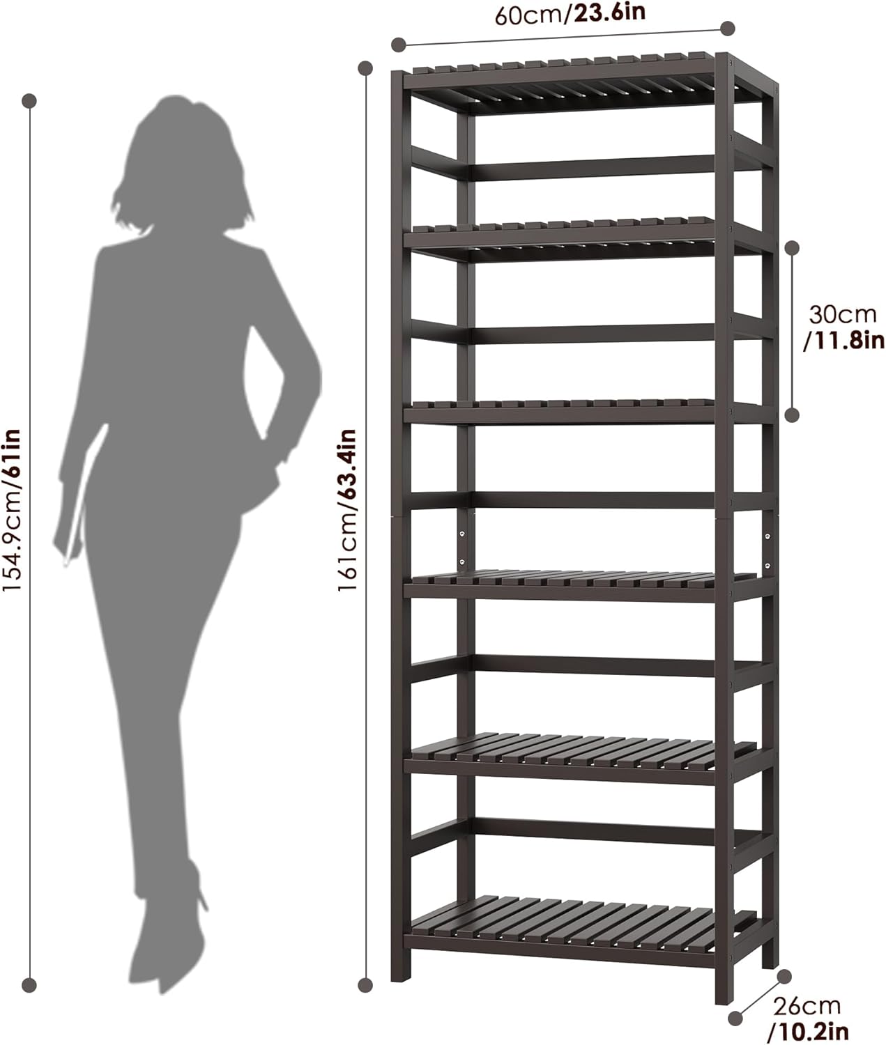 FOTOSOK 6-Tier Bamboo Shelf, Bamboo Bookcase with Adjustable Shelves, Free Standing Storage Shelf Unit, Plant Flower Stand for Kitchen, Bathroom, Home Office, Vintage