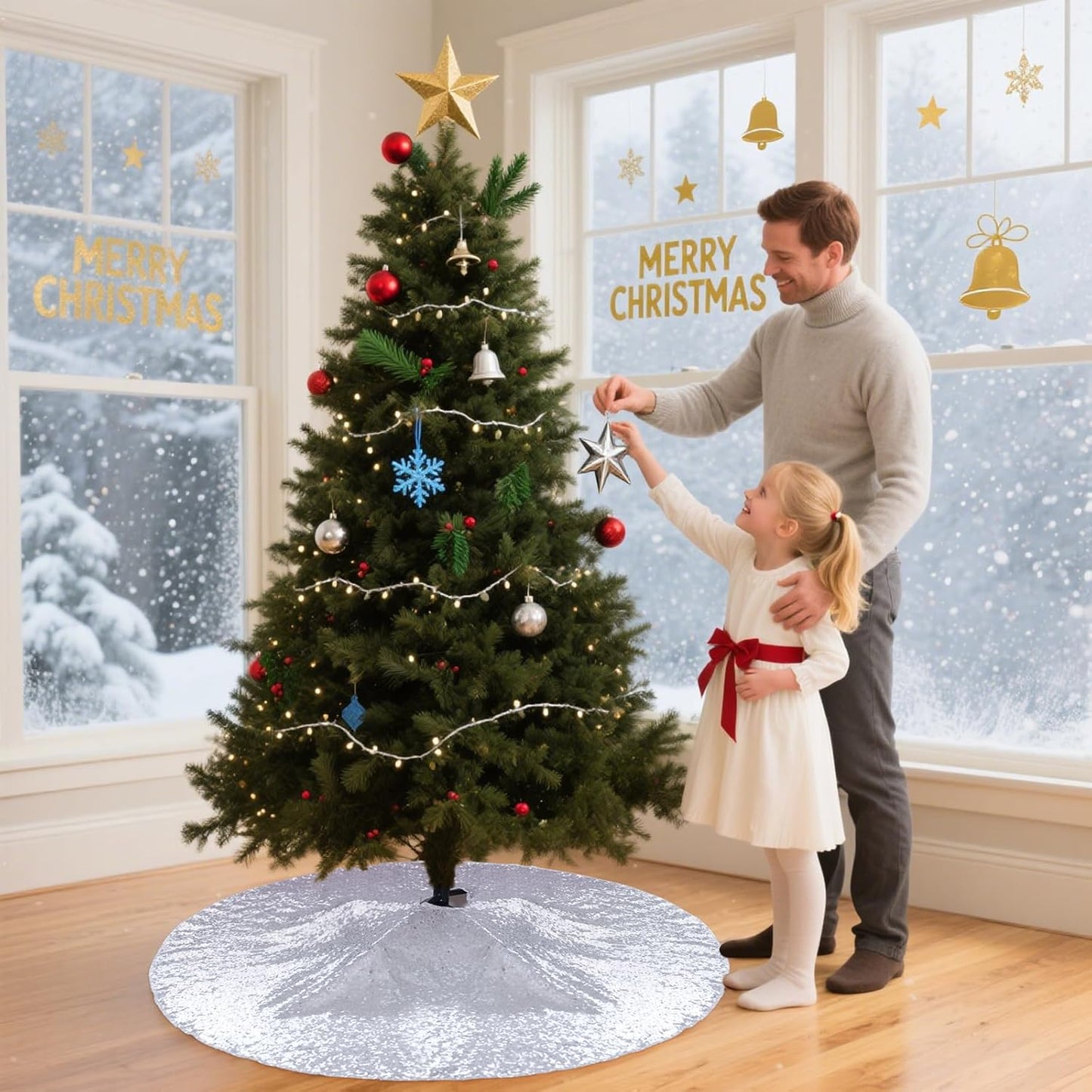 Eternal Beauty Christmas Tree Skirt, 50 Inch Silver Sequin Tree Skirt Small Xmas Tree Skirt for Christmas Tree Decorations