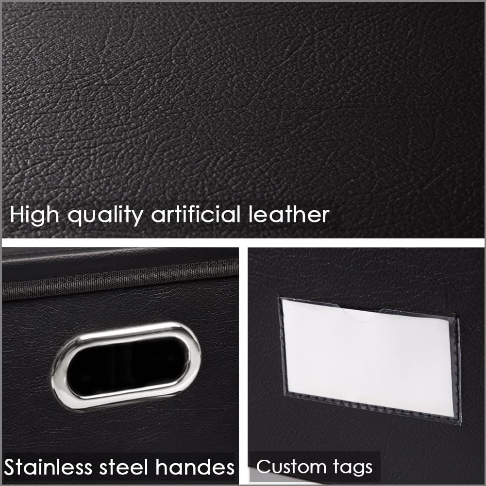PRANDOM Collapsible Storage Box with Lid [1-Pack] Leather Fabric Foldable Storage Bin Organizer Container Basket Cube with Cover for Home Bedroom Closet Office Nursery Black (22.8X15.7X11.8)
