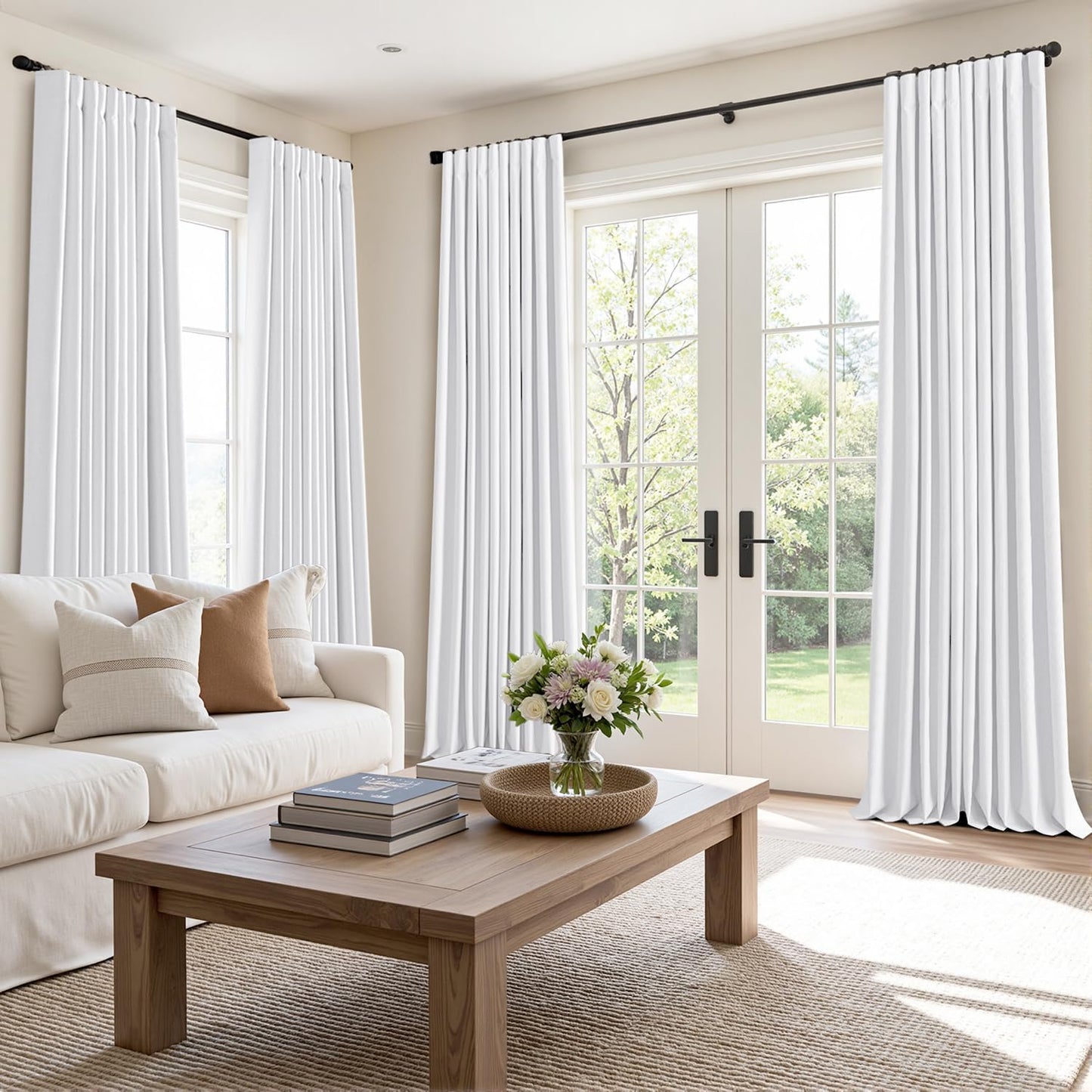 MIULEE 100% Blackout Curtains 120 Inch Long 2 Panels Set for Bedroom, Thick Faux Linen Black Out Curtain Room Darkening Back Tab Pleat Window Textured Drapes with Hooks for Living Room, Bright White