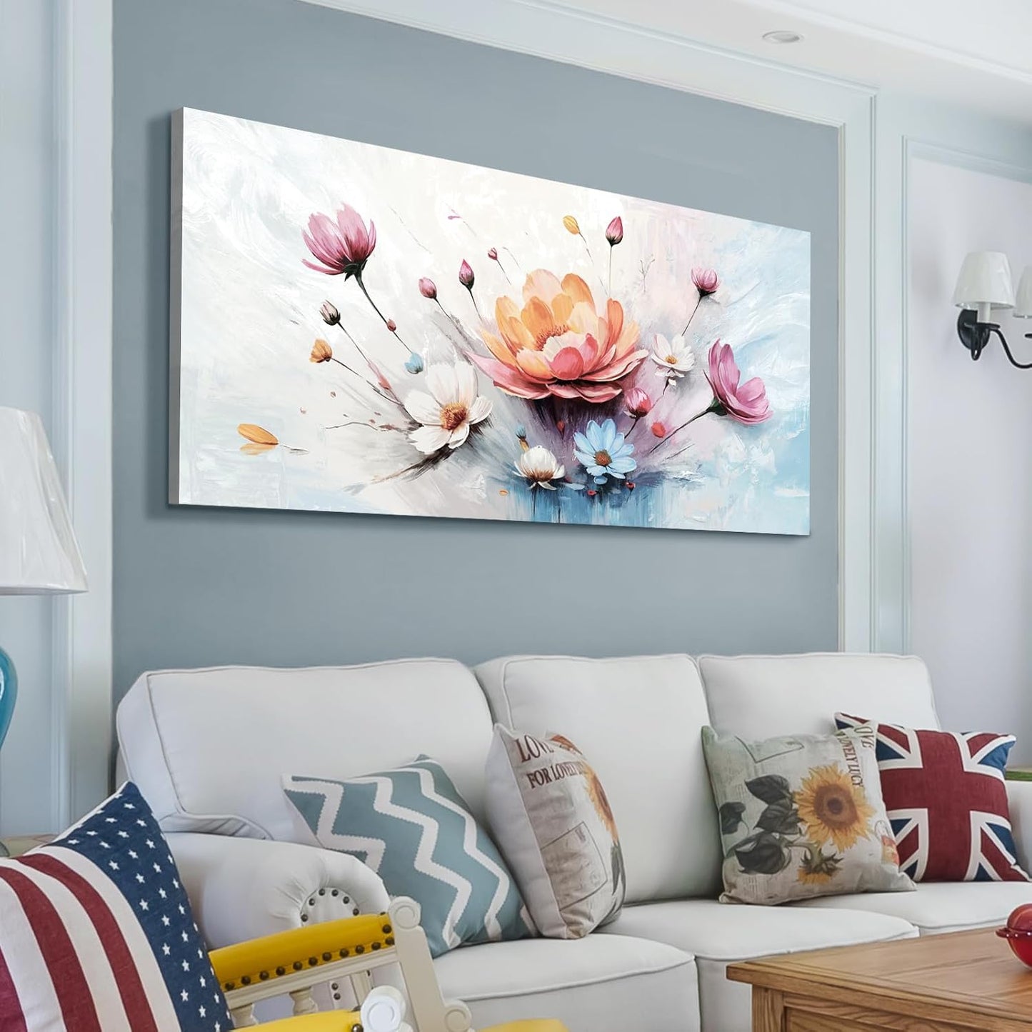 amatop Large Floral Wall Art – Modern Pink White and Blue Abstract Colorful Flower Bouquet Print Large Botanical Canvas Picture Nature Artwork Wall Decor for Living Room Bedroom Office 48x24 inch