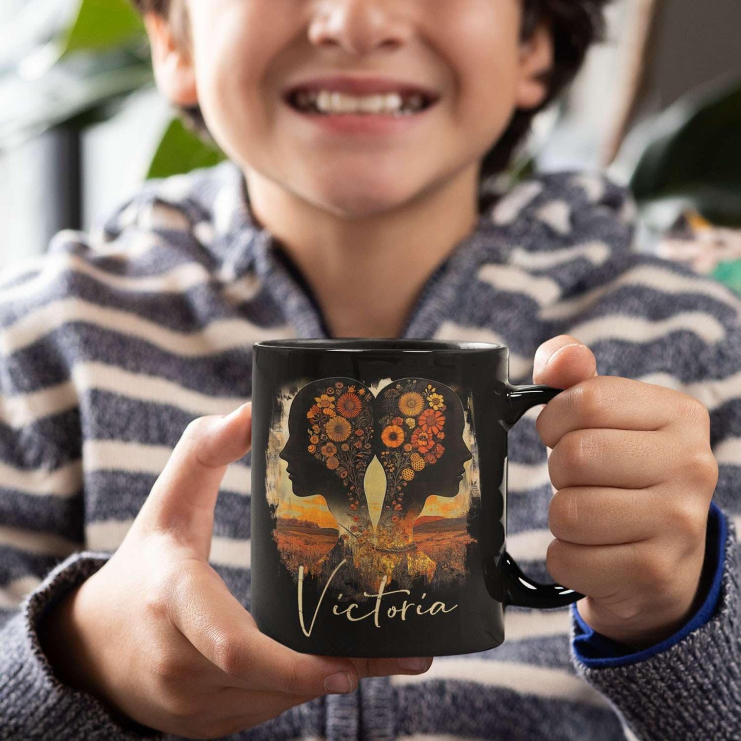 Personalized Autumn Landscape Black Cup, Custom Name Coffee Mug 11oz 15oz, Custom Floral Silhouette Ceramic Cup, Gifts for Women, Zodiac Inspired Coffee Mug, Gifts for Birthday