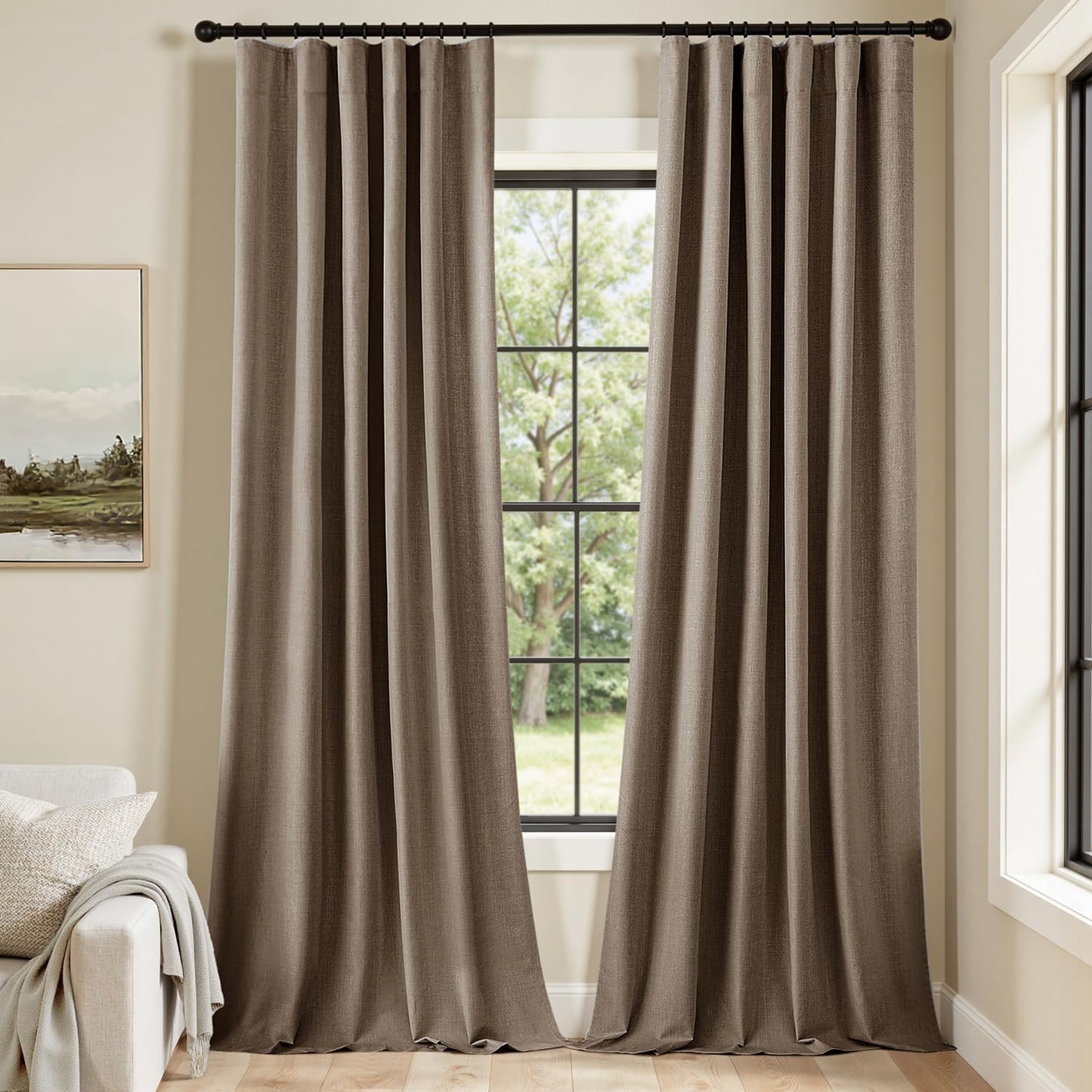 MIULEE 100% Blackout Curtains 96 Inch Long 2 Panels Set for Bedroom, Thick Faux Linen Black Out Curtain Room Darkening Back Tab Pleat Window Textured Drapes with Hooks for Living Room, Dutch Cocoa