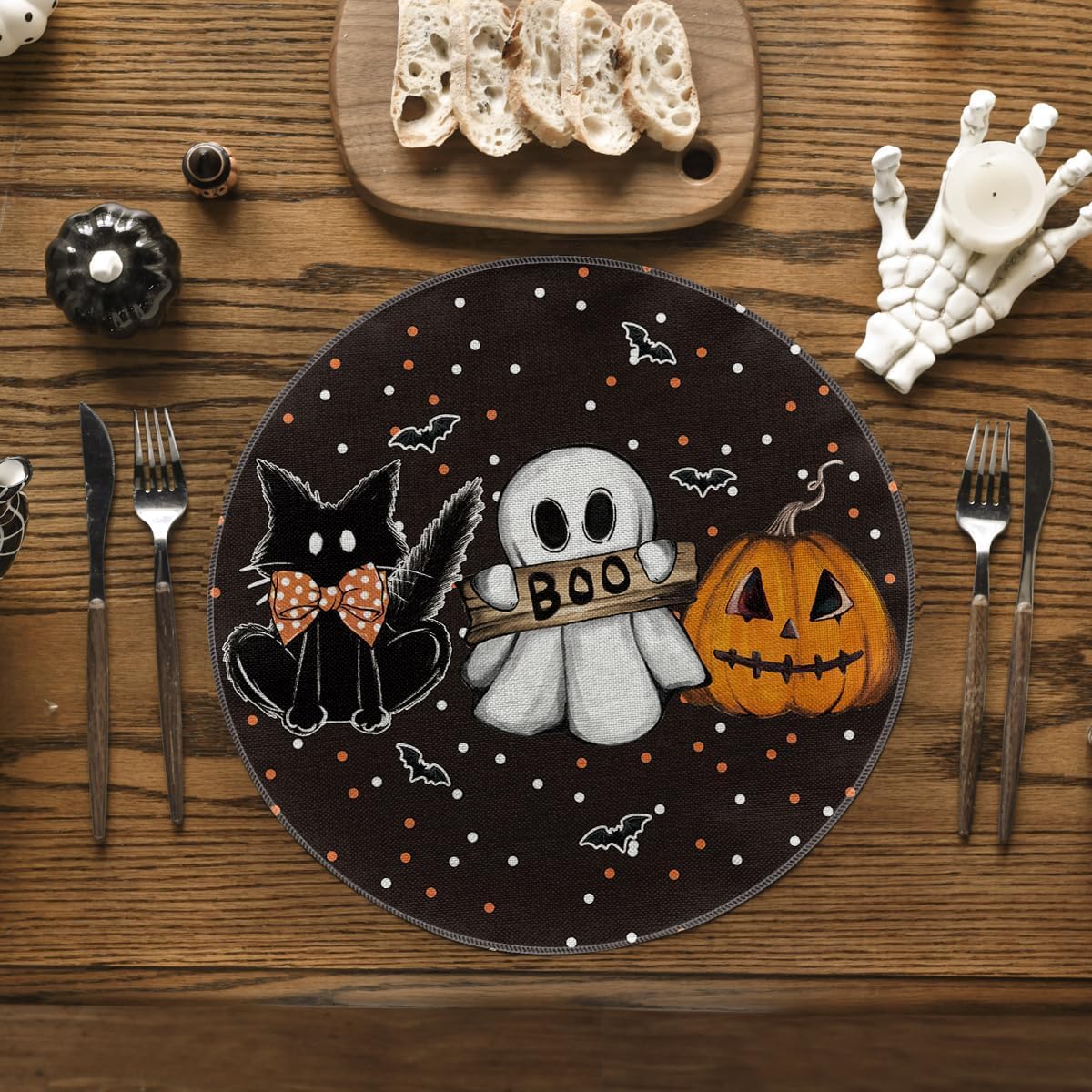 Artoid Mode Cat Ghost Pumpkins Halloween Round Placemats Set of 4, 14 Inch Table Mats for Party Kitchen Dining