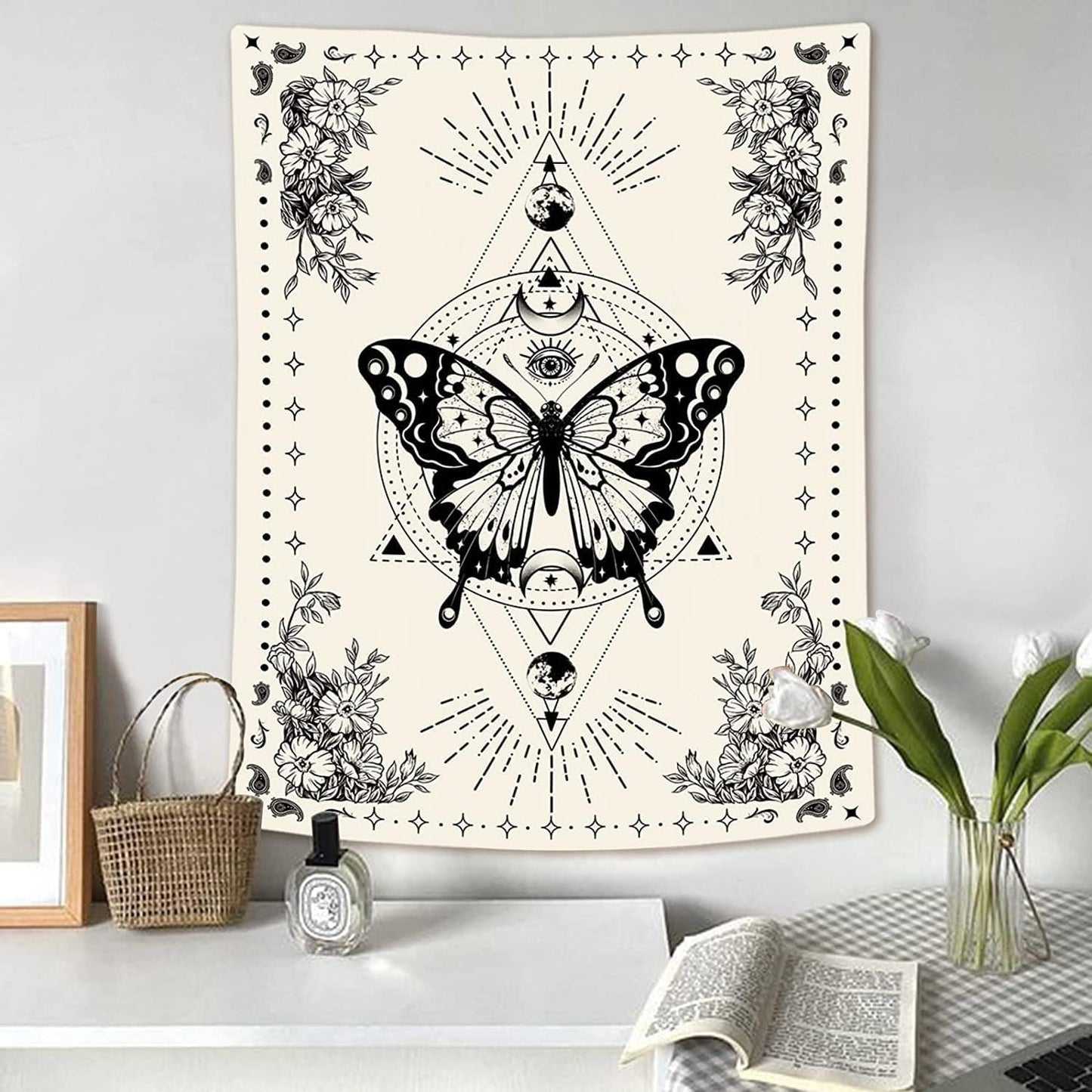 Lunerfex Boho Butterfly Tapestry Small Tapestry Tarot Tapestries Moon Phase Aesthetic Tapestries Wall Hanging for Bedroom and Living Room Decor Butterfly 70×90 Inches