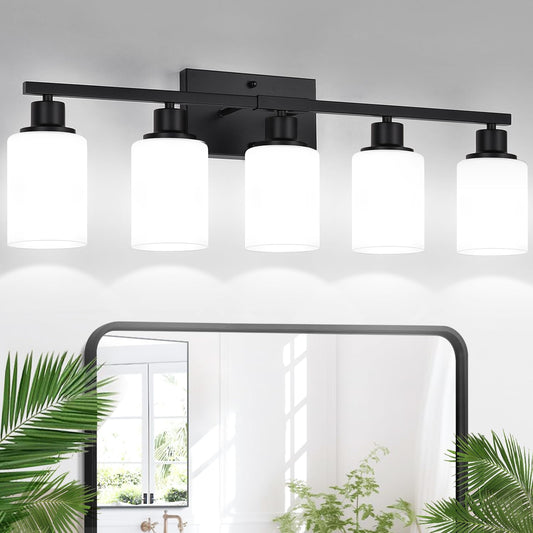 5-Light Black Bathroom Vanity Light Fixture with Milky White Frosted Glass Shades, Bathroom Light Fixture for Mirror, Matte Finish, Reversible Up/Down Lighting for Bedroom, Living Room, Hallway