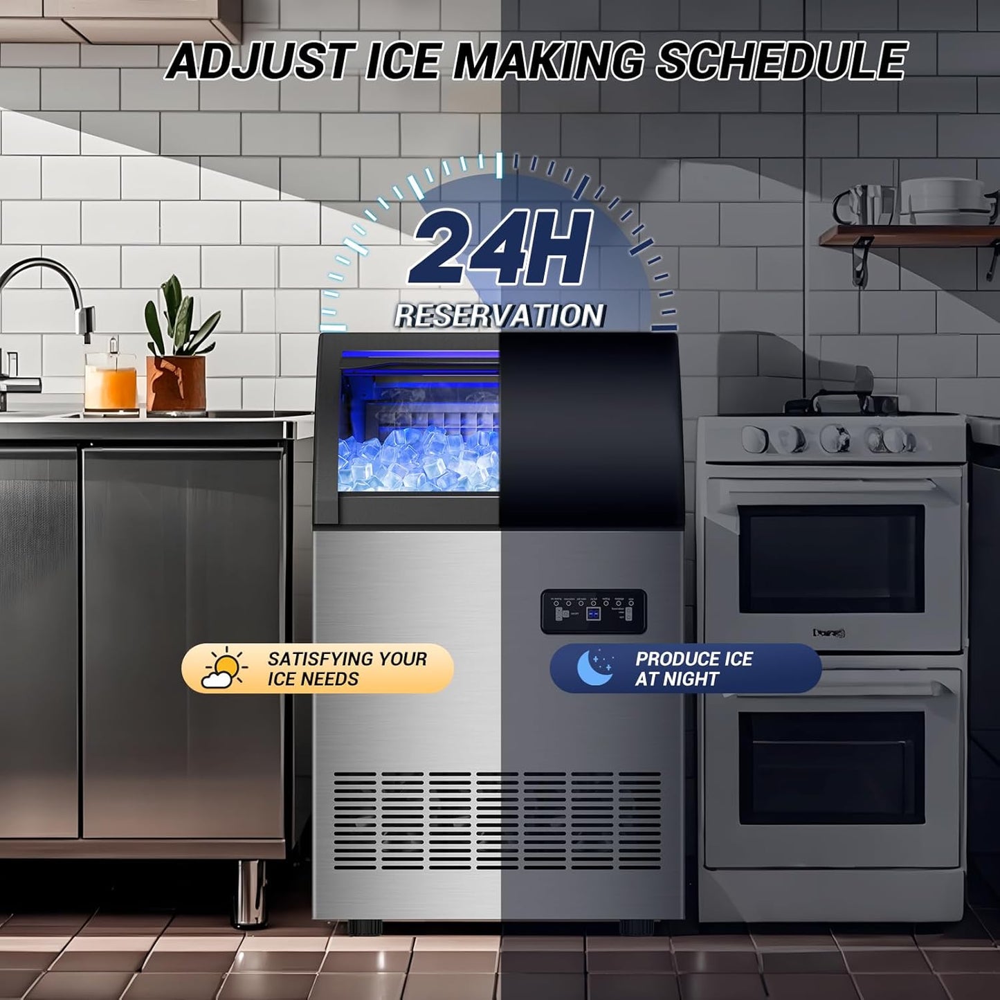 220LBS Commercial Ice Maker Machine - 72PCS Ice Cubes per Round, Undercounter/Freestanding Ice Machine, 55LBS Ice Storage Capacity for Home Bar and Outdoor, Stainless Steel Self-Cleaning