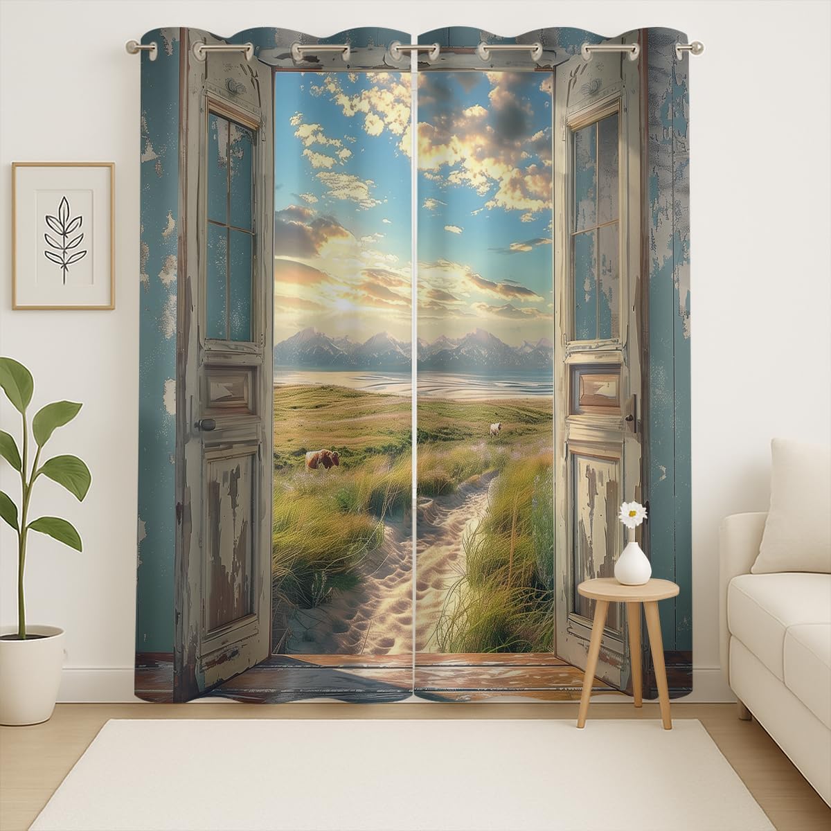Landscape Blackout Curtains for Girls Boys Home Decor, Cow Sunset Grassland Mountain Natural Scenery Grommet Thermal Insulated Drapes Darkening Window Curtain for Bedroom Living Room, 42 x 45 Inch
