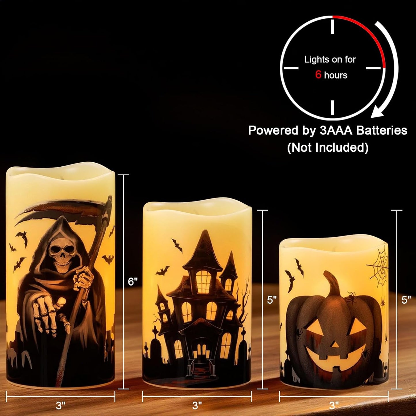 Wondise Halloween Flameless Flickering Candles with 6 Hour Timer, Battery Operated Real Wax Halloween Candles Set of 3 Halloween Decoration Grim Reaper, Haunted House, Pumpkin (3 x 4 5 6 Inch)