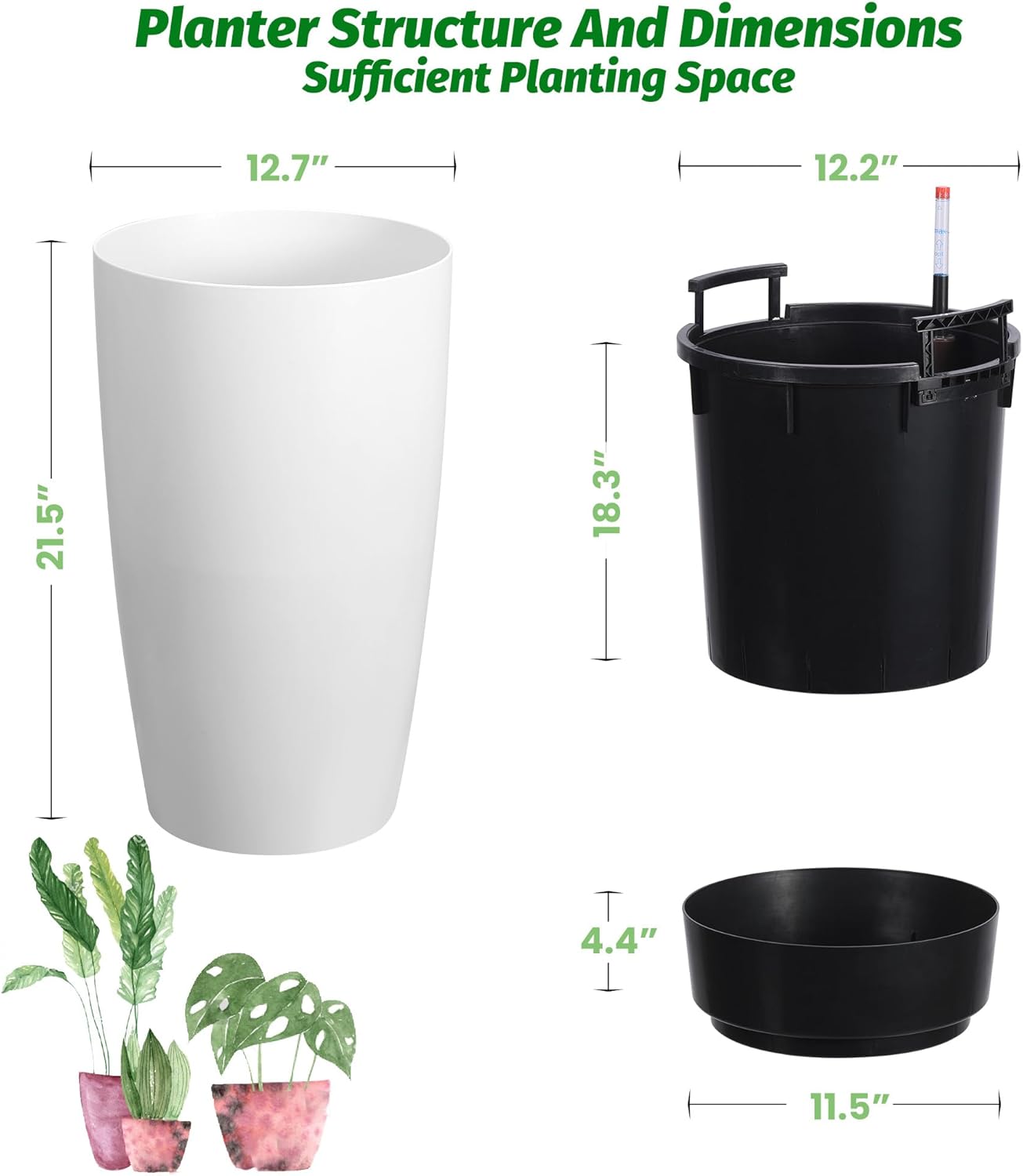 22" Tall Round Planter Set of 2, Self Watering Pots for Indoor Plants, Large Flower Pot Outdoor with Built-in Drainage and a Water Level Monitor, for Patio, Porch, Living Room, or Home Office, White