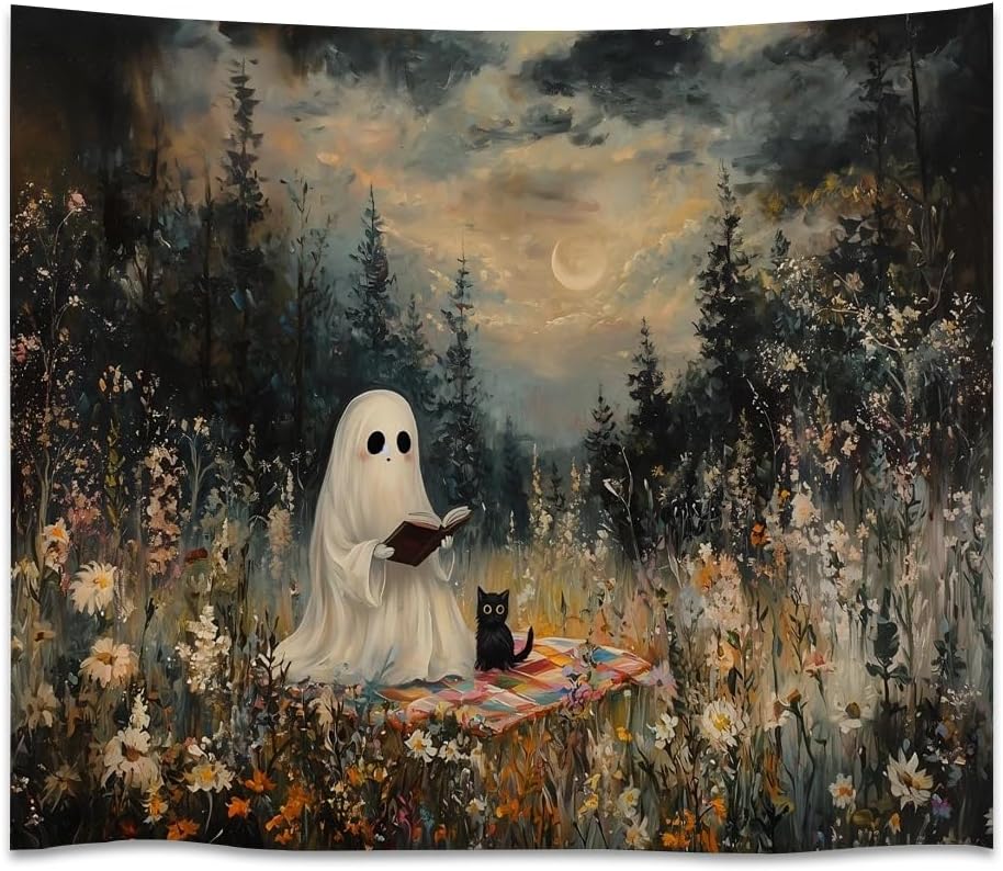 Halloween Ghost and Black Cat Tapestry Wall Hanging Spooky Ghos Reading Book in Wildflowers Wall Decor Halloween Witchy Room Aesthetic Tapestries for Goth Living Room Bedroom Decoration 30x40inch