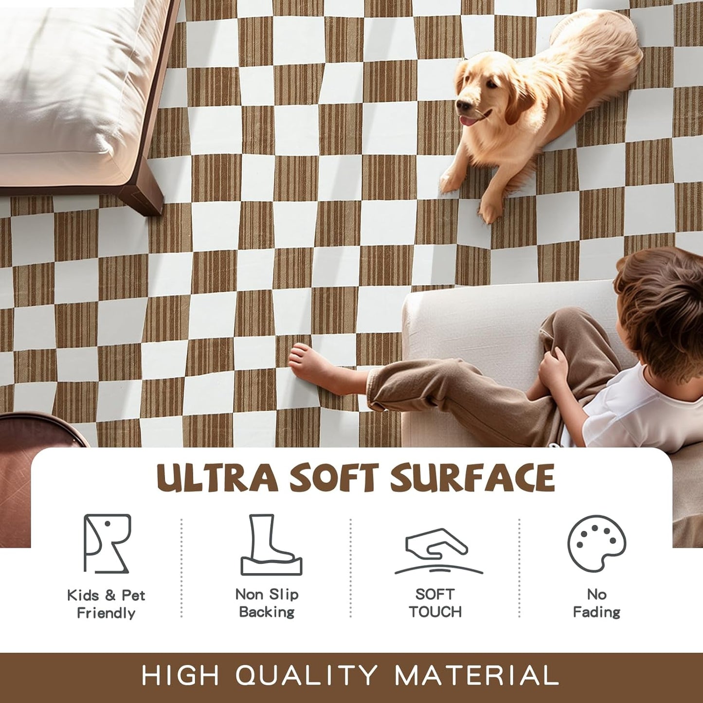 jinchan Runner Rug 2x6 Hallway Washable Modern Checkered Geometric Lattice Kids Bedroom Rug Indoor Floor Cover Non Slip Soft Carpet for Nursery Room Kitchen Laundry Room Home Brown