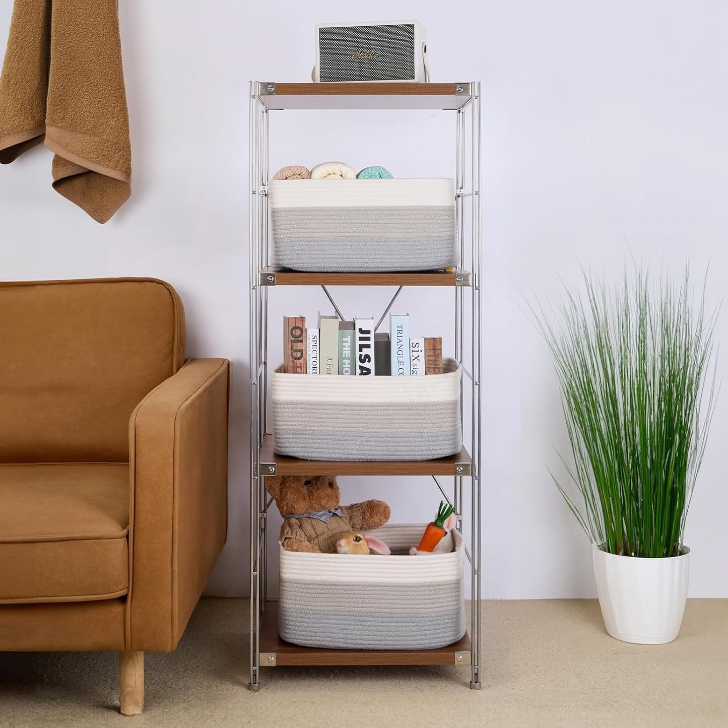 Large Storage Baskets for Organizing, Closet Shelf Baskets for Clothes Blanket Towels, Baby Nursery, Toy Bins Box, Woven Rope Baskets, 17 x 13 x 7.5”, 4 Packs Gradient Grey