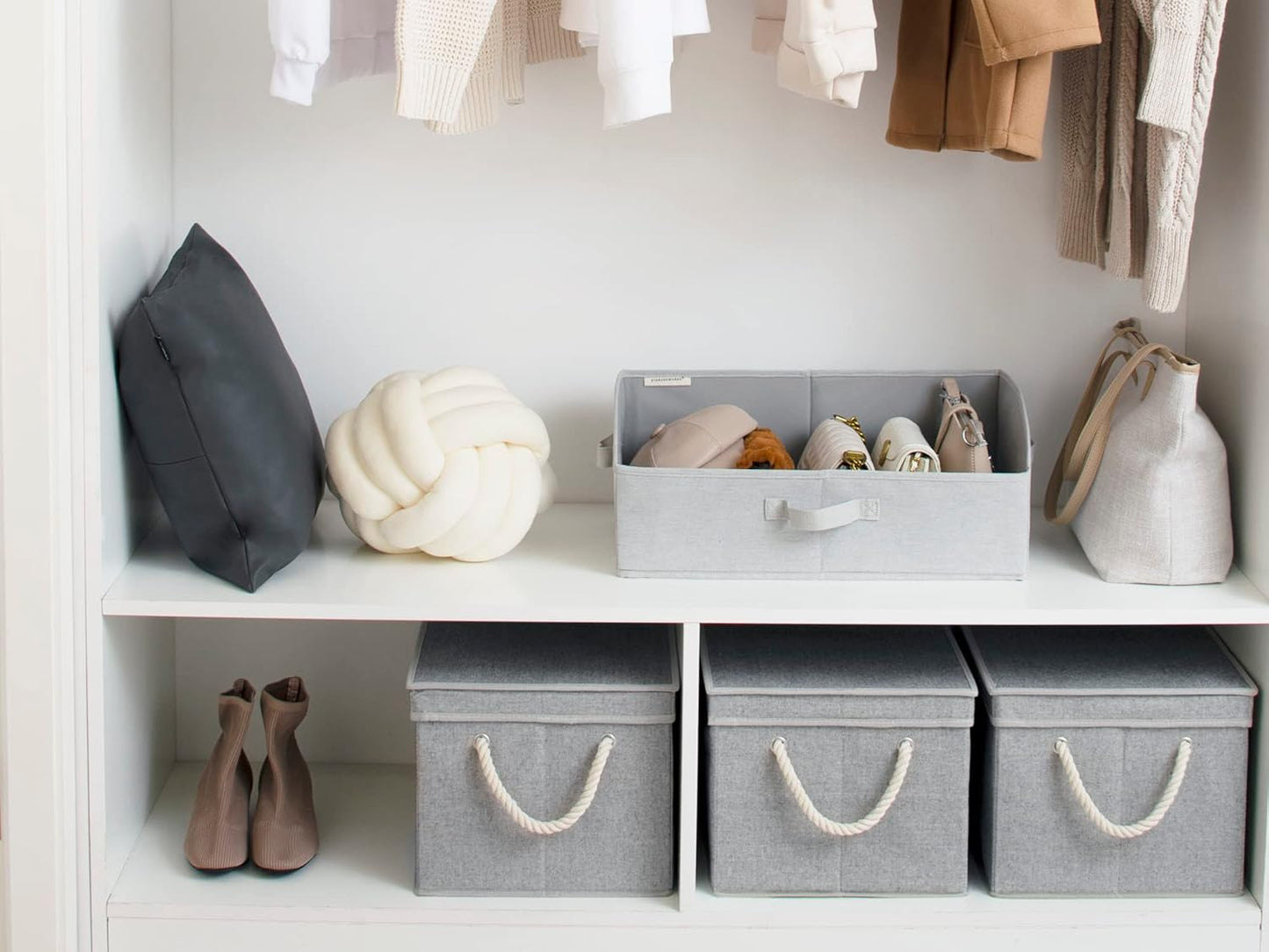 StorageWorks Storage Bins with Lids, Decorative Storage Boxes with Lid and Soft Rope Handles, Foldable Storage Baskets for Closet, Shelves, Stackable, Gray, Jumbo, 3-Pack