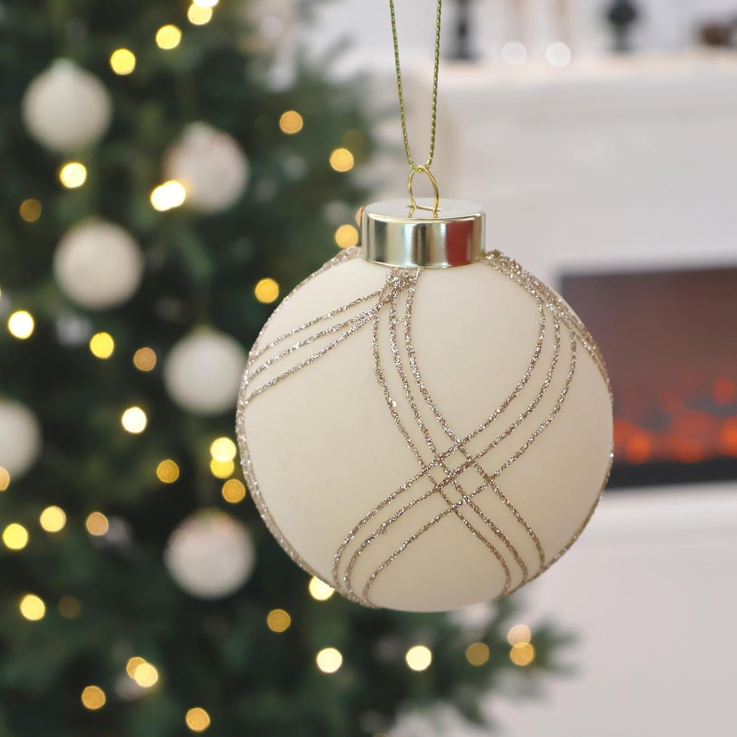 3.15INCH Beige Velvet Ornaments for Christmas Tree, 12PCS Glitter Flocked Christmas Ornaments Decorations Balls Set Decor