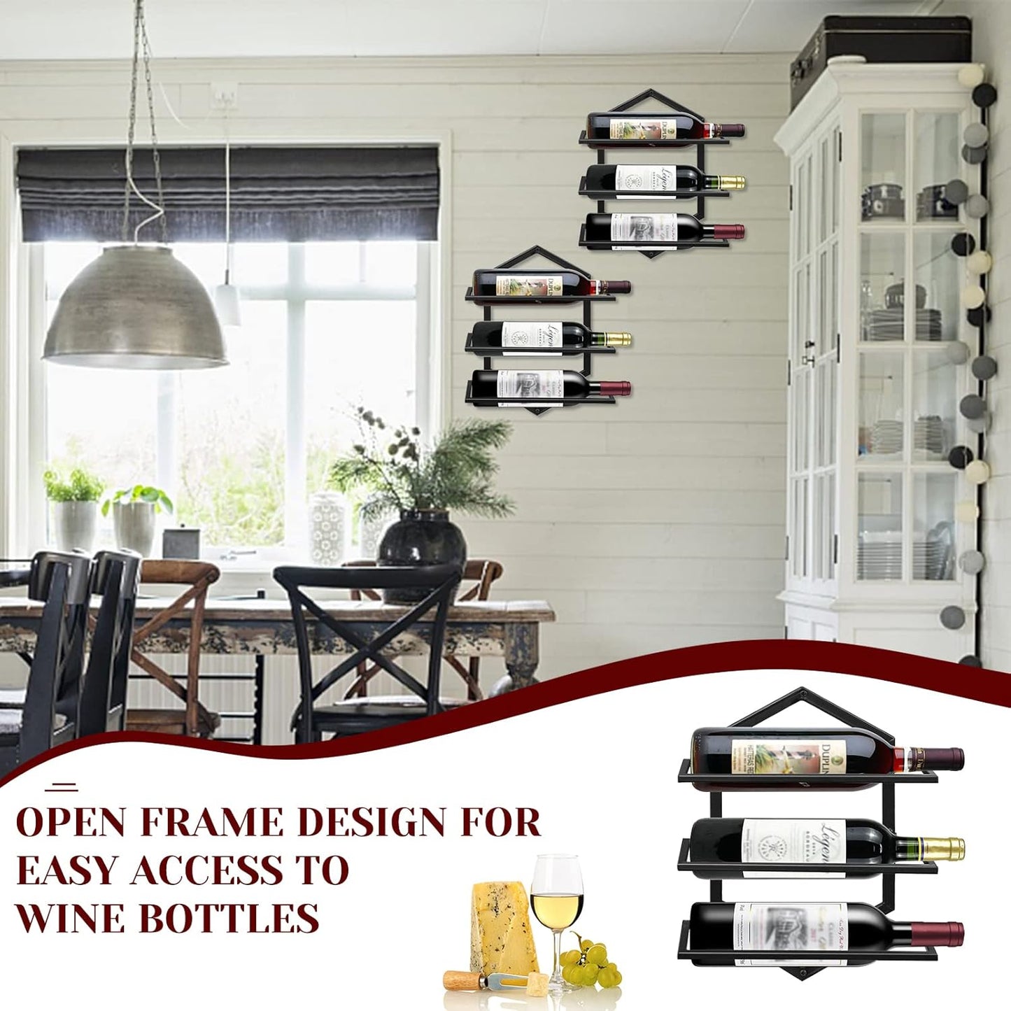 Wall Mounted Wine Stemware Rack, Metal Hanging Wine Glass Display Holde Holds 3 Bottles, Elegant Storage for Kitchen Dining Room Bar Wine Cellar