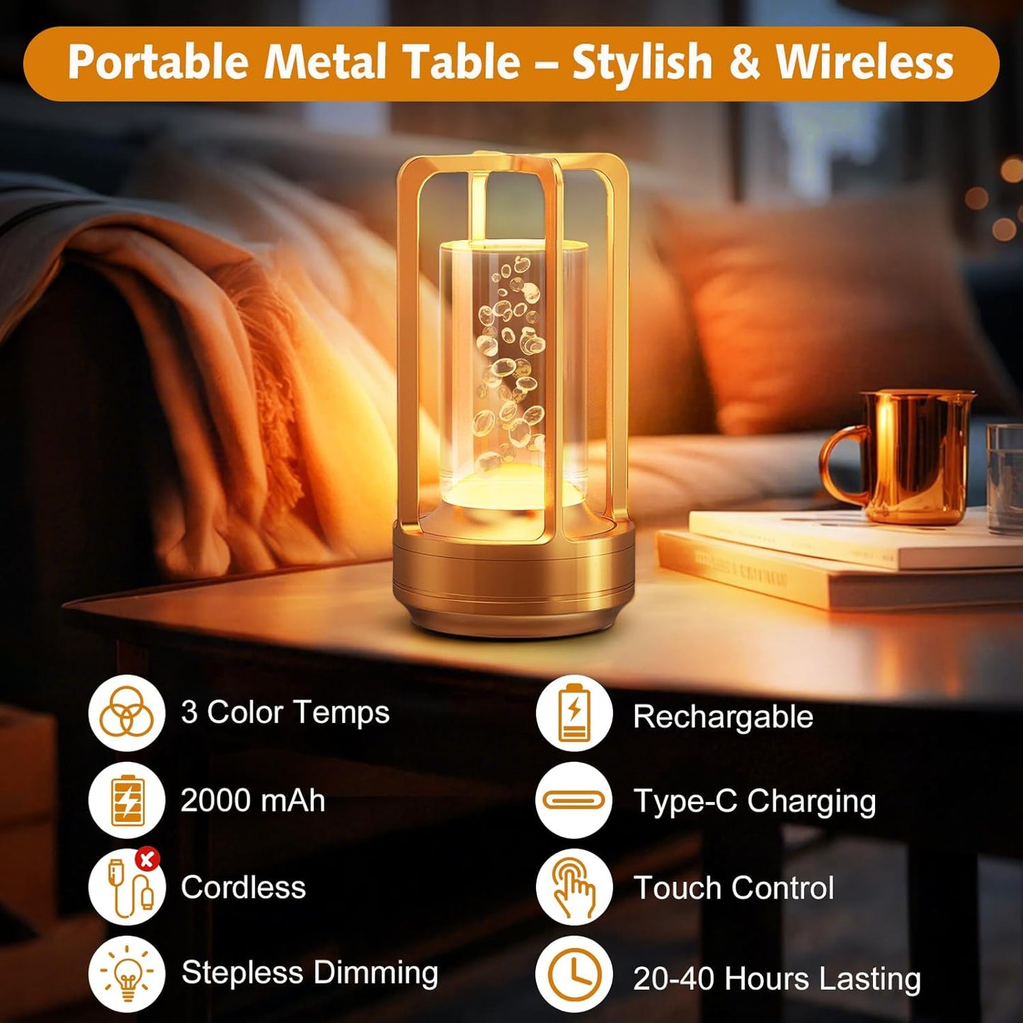 Portable Table Lamp for Outdoor Indoor: Cordless Rechargeable Desk Lamp with 3 Color Stepless Dimmable - Metal Battery Operated Small Lantern Light for Restaurant/Bedroom/Bar/Coffee Shop/Camping