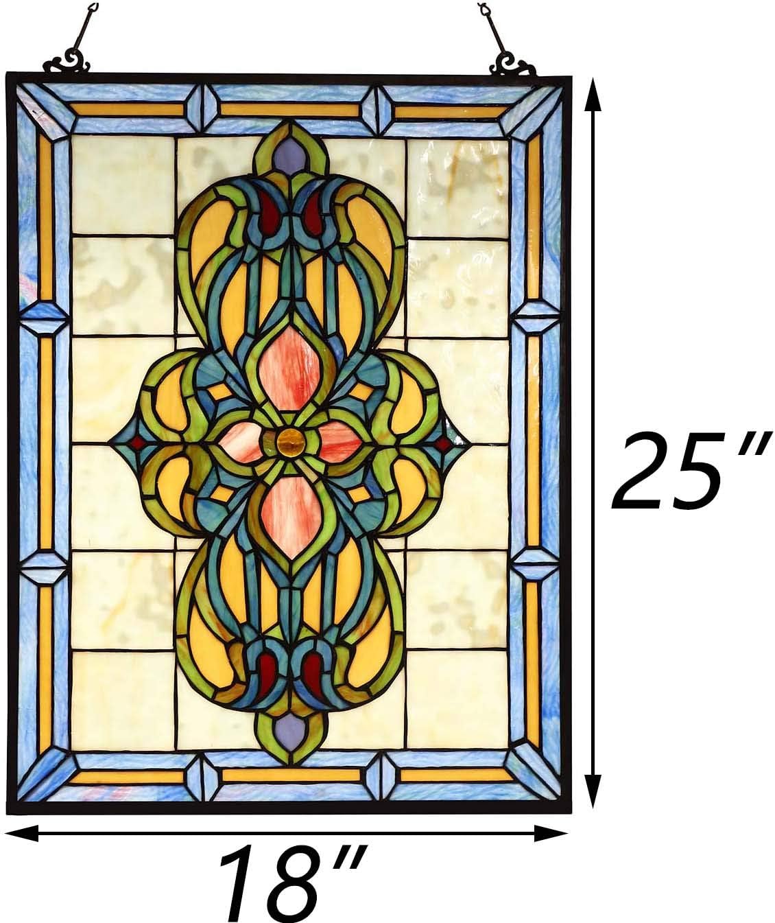 Bieye W10030 Victorian Tiffany Style Stained Glass Window Panel Hangings with Chain, 18" W x 25" H