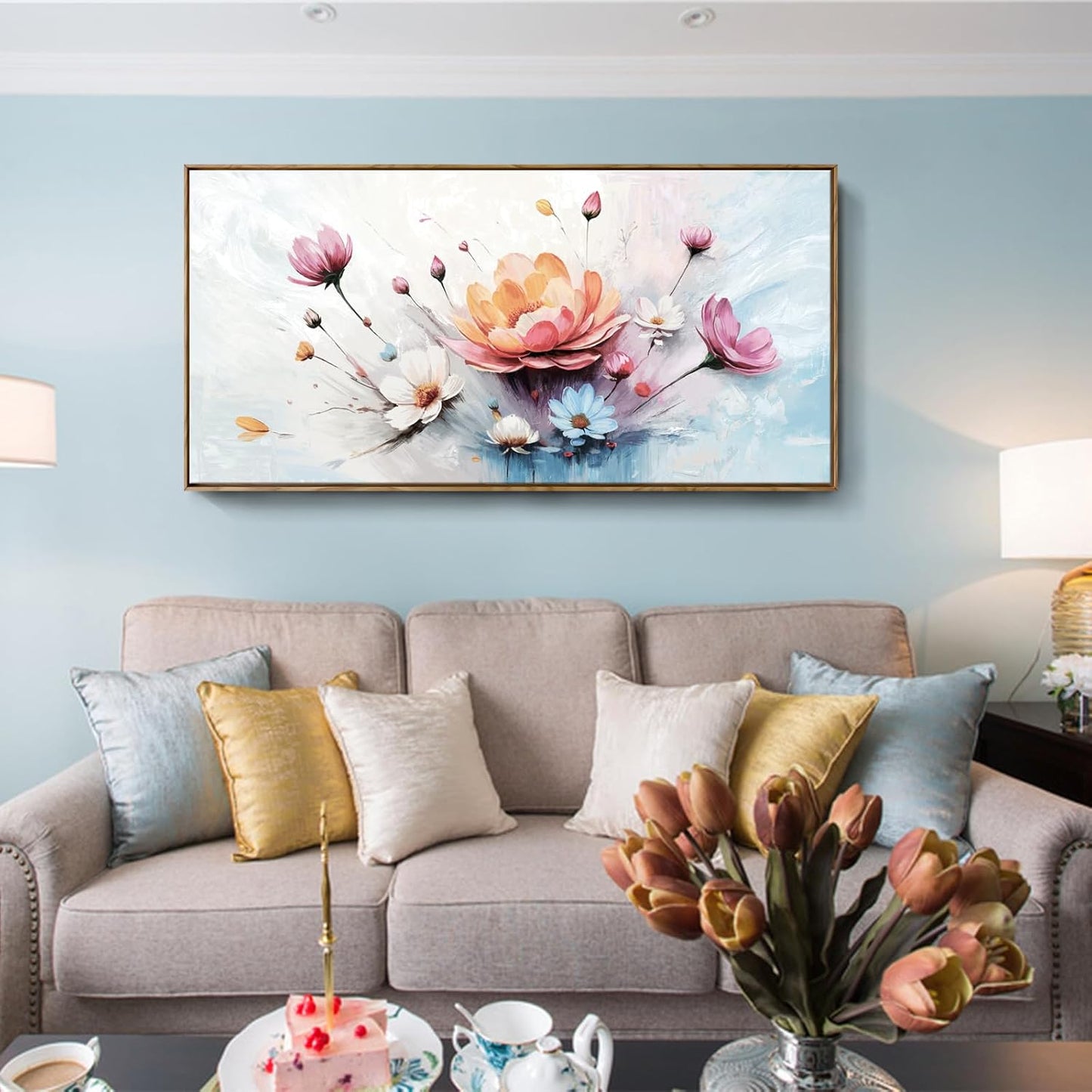 amatop Framed Floral Canvas Wall Art Picture Large Pink Blue Abstract Bloom Bouquet Print with Daisy Peony Elegant Botanical Nature Artwork for Living Room Bedroom Dining Room Entryway Decor 48x24 inch