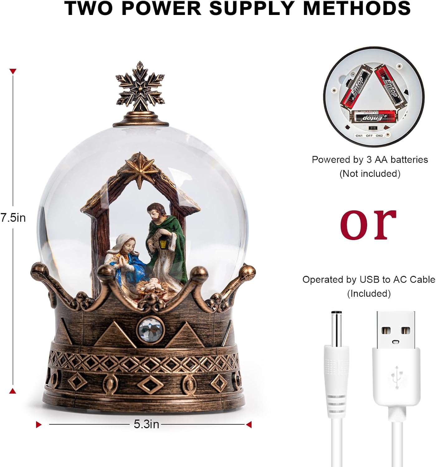 Christmas Snow Globe Lantern Water Glittering Nativity Crown with Music, USB Lined/Battery Operated Lighted Lantern for Christmas Festival Decoration Gifts