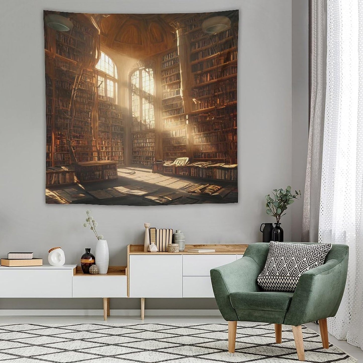 Kurtect Retro Bookshelf Tapestry,Medieval Mid Century Library Building Pattern Print Tapestries for Party Beach Picnic Blankets Tablecloths Living Room Wall Deocr, 60x60 in