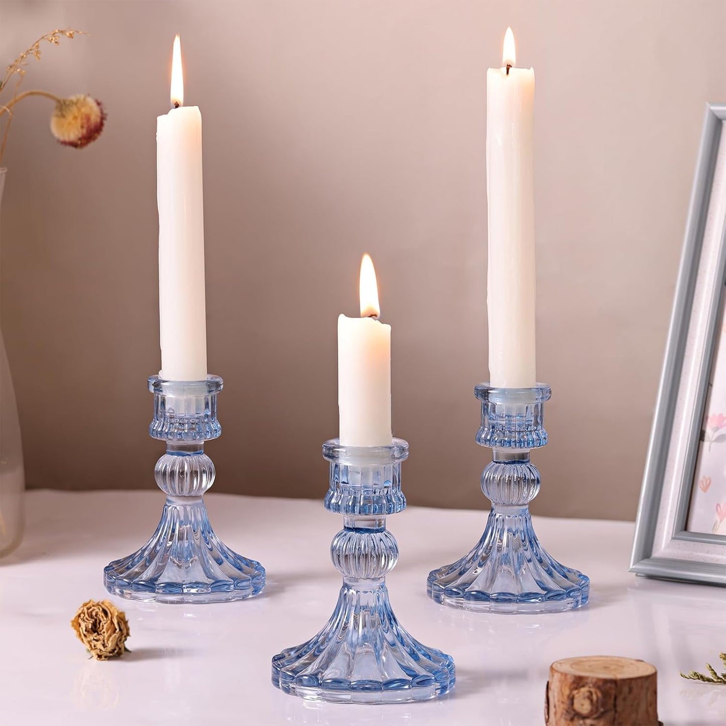 12PCS Blue Candlestick Holders Set- 4" H Taper Candle Holders, Glass Candle Holders Bulk for Wedding, Party, Home Table Centerpieces, Festival Gifts & Windowsill Decor