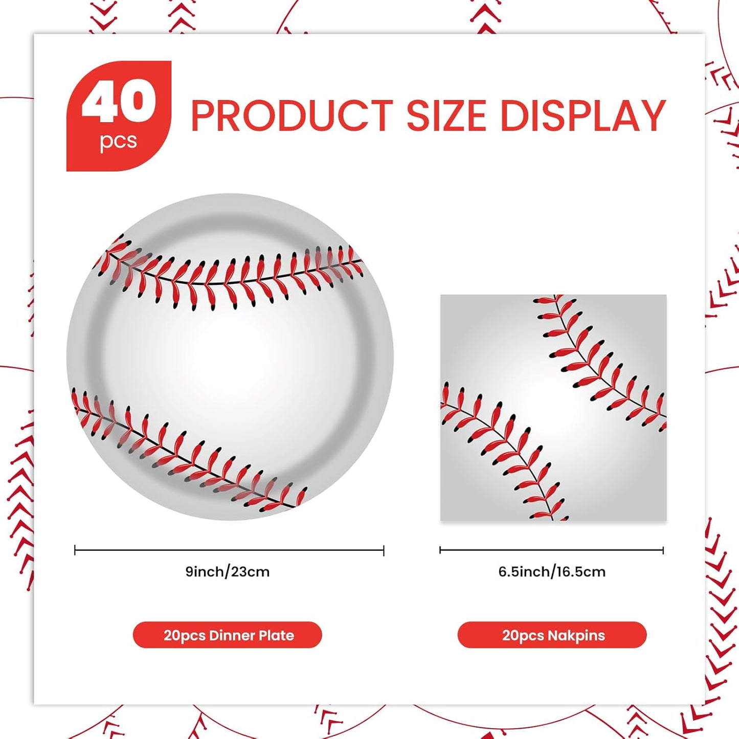 40 Pcs Baseball Party Dessert Plates and Napkins Sets 9" Paper Plates and 6.5" Napkins Party Supplies Tableware Decoration For Birthday Picnic