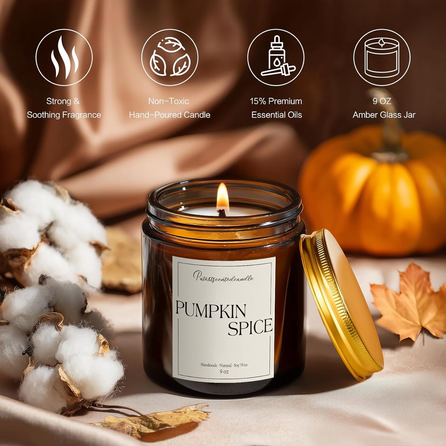 Pumpkin Spice Scented Candles for Home, Natural Soy Wax Aromatherapy Non Toxic Pumpkin Fall Candle Gifts for Women Men, Autumn Amber Glass Jar Candle Decoration for Halloween Holidays (9oz