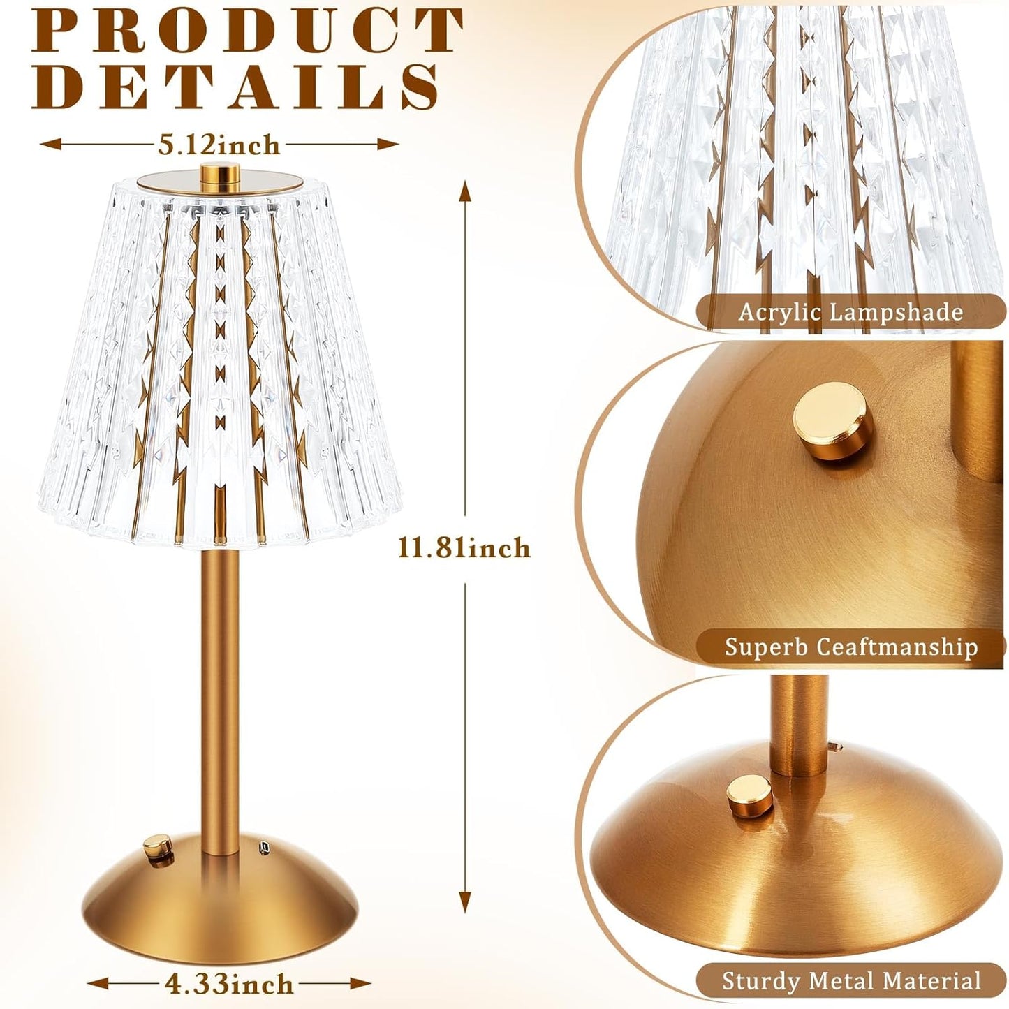 Liliful 6 Pcs LED Portable Cordless Table Lamp Touch Battery Operated Rechargeable Desk Lamp 3 Color Dimmable for Bedroom Living Room Dining (Classic Style,Gold)