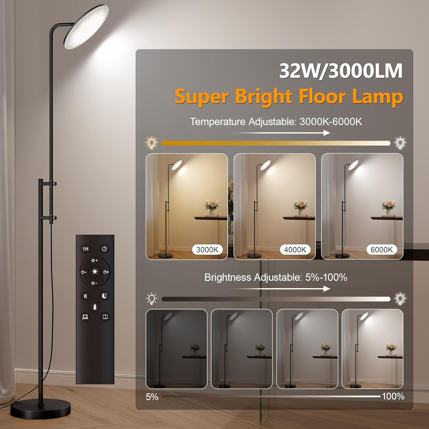 SUNMORY 32W/3000LM Floor Lamps, Super Bright LED Standing Lamp with Remote Control, Adjustable Tall Lamp with 350°Rotating Head, Modern Dimmable Torchiere Corner Lamp for Living Room, Bedroom, Office