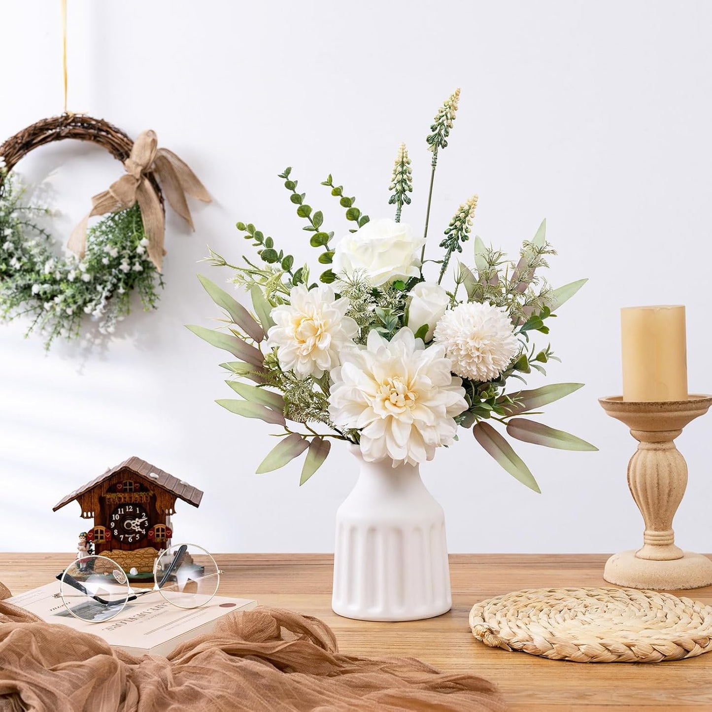 Fake Flowers in Vase, Artificial Flowers with Vase, 15.7'' Floral Arrangements for Dining Table Centerpiece Decor, Silk Roses & Faux Dahlia Bouquet for Farmfouse Kitchen Coffee Table Decor (White)