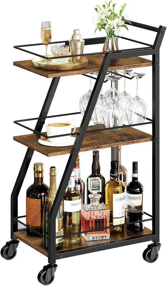 Bar Cart, 3-Tier Bar Cart for The Home, Home Bar Serving Cart with Glass Holders, Beverage Cart for Kitchen, Dining, Party Room, Rustic Brown and Black BC03BR