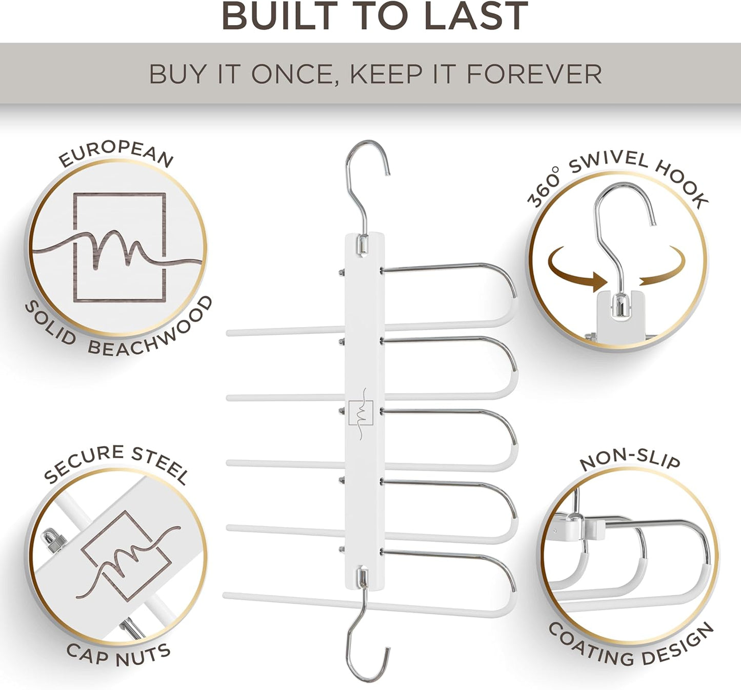 MORALVE Pants Hangers Space Saving - European Beechwood Scarf and Jean Hangers - Closet Organizer and Space Saver Pant Rack, Leggings Hanger, and Scarf Holder with 360° Swivel Hook (1 Pack)