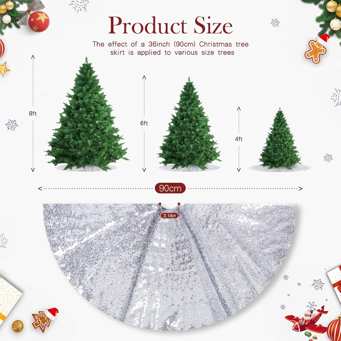 Small Christmas Tree Skirt Silver Tree Skirt 36 Inch Sequin Tree Skirt for Christmas Decoration