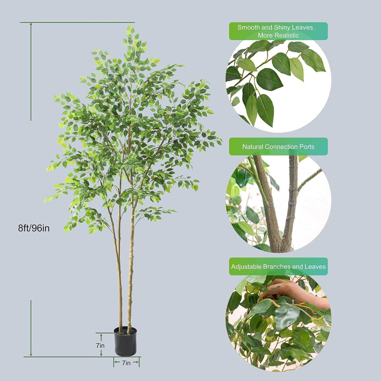 Tall UV Resistant Ficus Tree Artificial，8ft(96in) Realistic Texture Potted Faux Ficus Tree， Fake Trees Indoor Outdoor for Home Office Living Room Bedroom Foyer Porch Decor.