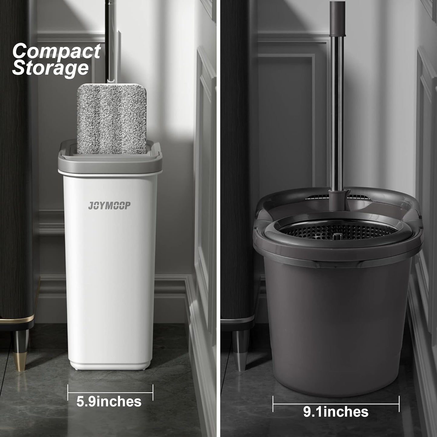 JOYMOOP Mop and Bucket with Wringer Set, Hands Free Flat Floor Mop and Bucket, 60" Mop with 6 Reusable Microfiber Pads, Wet and Dry Use, Floor Cleaning System