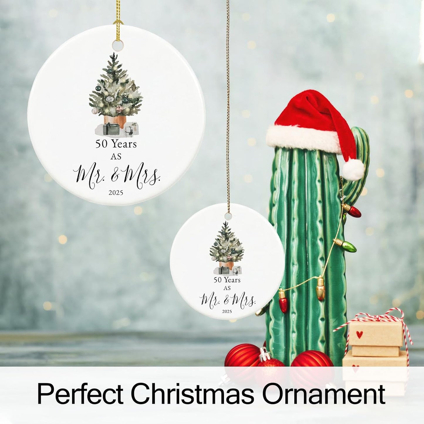 50th Anniversary Ornament Gifts for Parents,Couple, 50th Wedding Anniversary for 50 Year as Mr and Mrs Gifts, Ceramic Keepsake 50th Anniversary Christmas Ornaments with Ribbon and Box