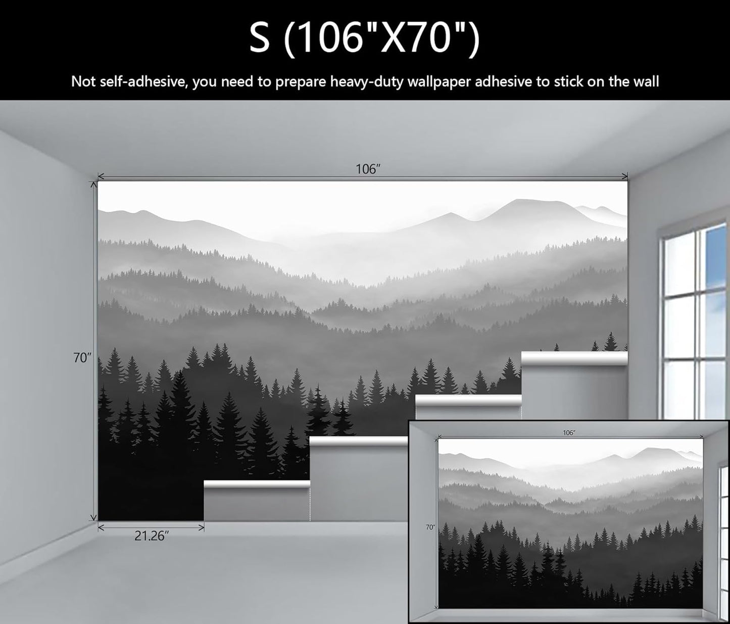 WFBHUA-Black and White Forest Mountain Wallpaper Gray Woodland Nature Landscape Wall Paper Mural for Bedroom Living Room(Not Peel and Stick)